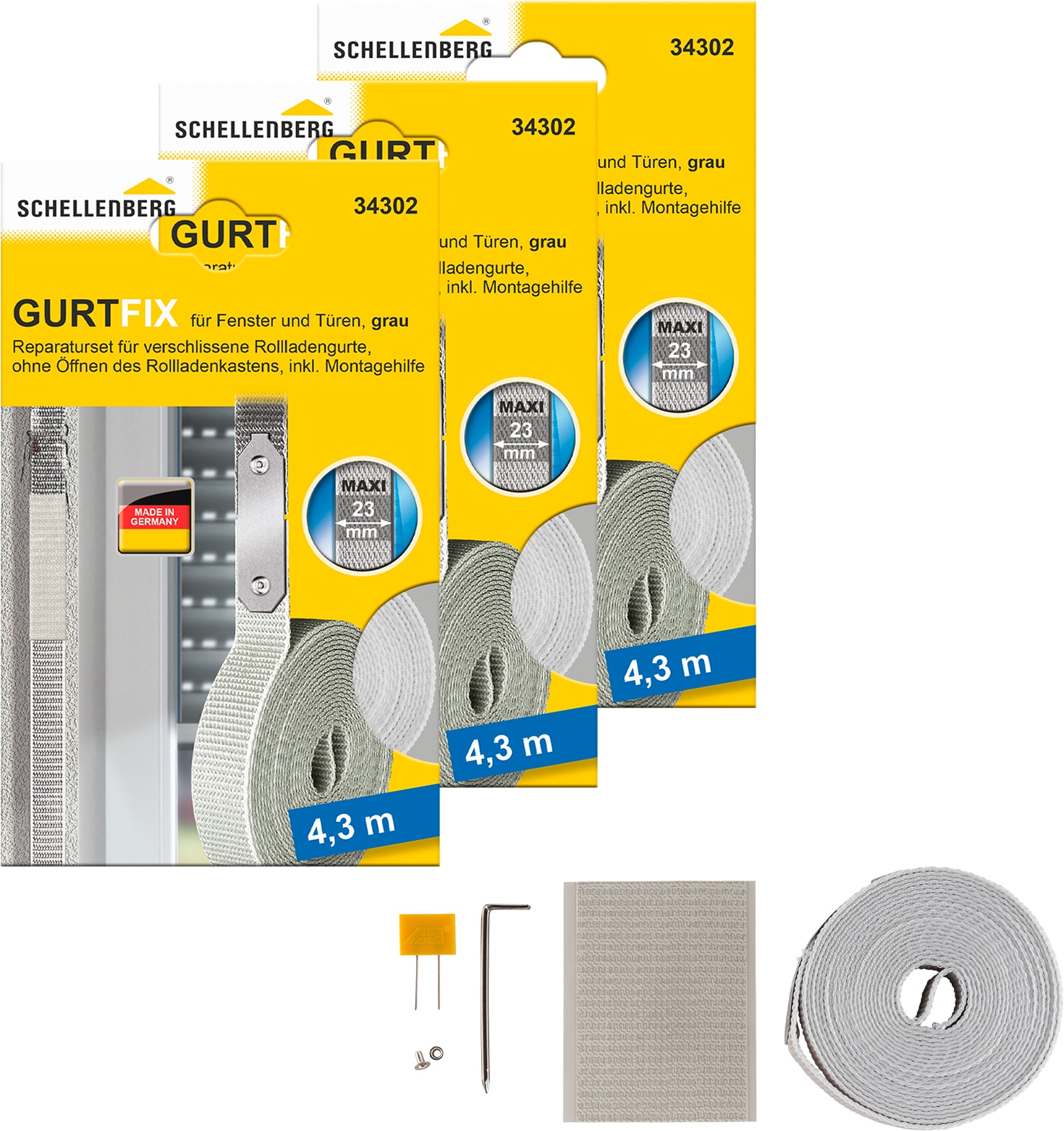 SCHELLENBERG Reparatur-Set "Rollladen Gurtfix für das Rollladensystem Maxi" Set, 3 Stk. tlg. für alte Gurtbänder in unterschiedlichen Farben, 23 mm x 4,3 m
