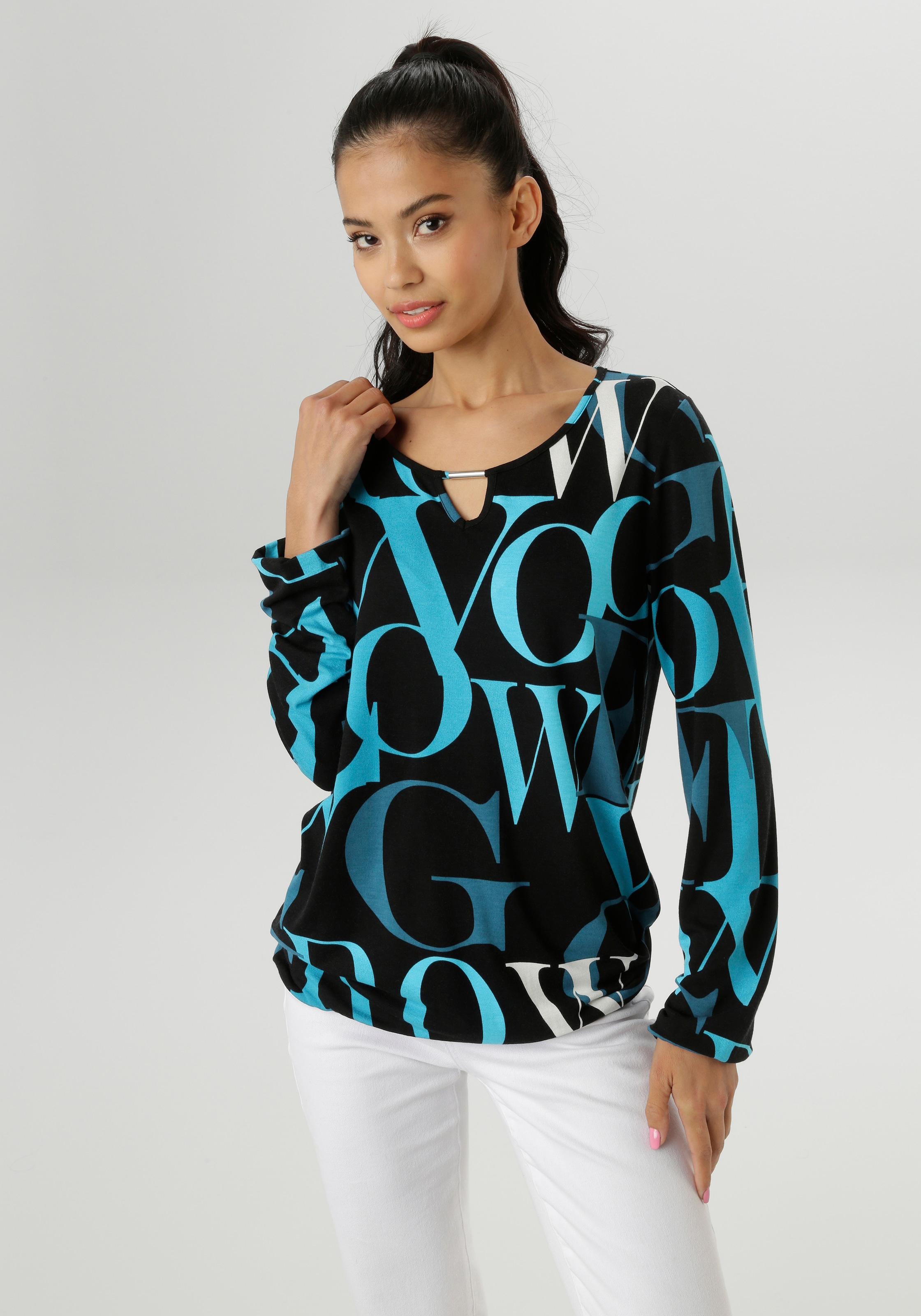Aniston SELECTED Langarmshirt, mit Cut-out und trendy Buchstabendruck - NEU günstig online kaufen