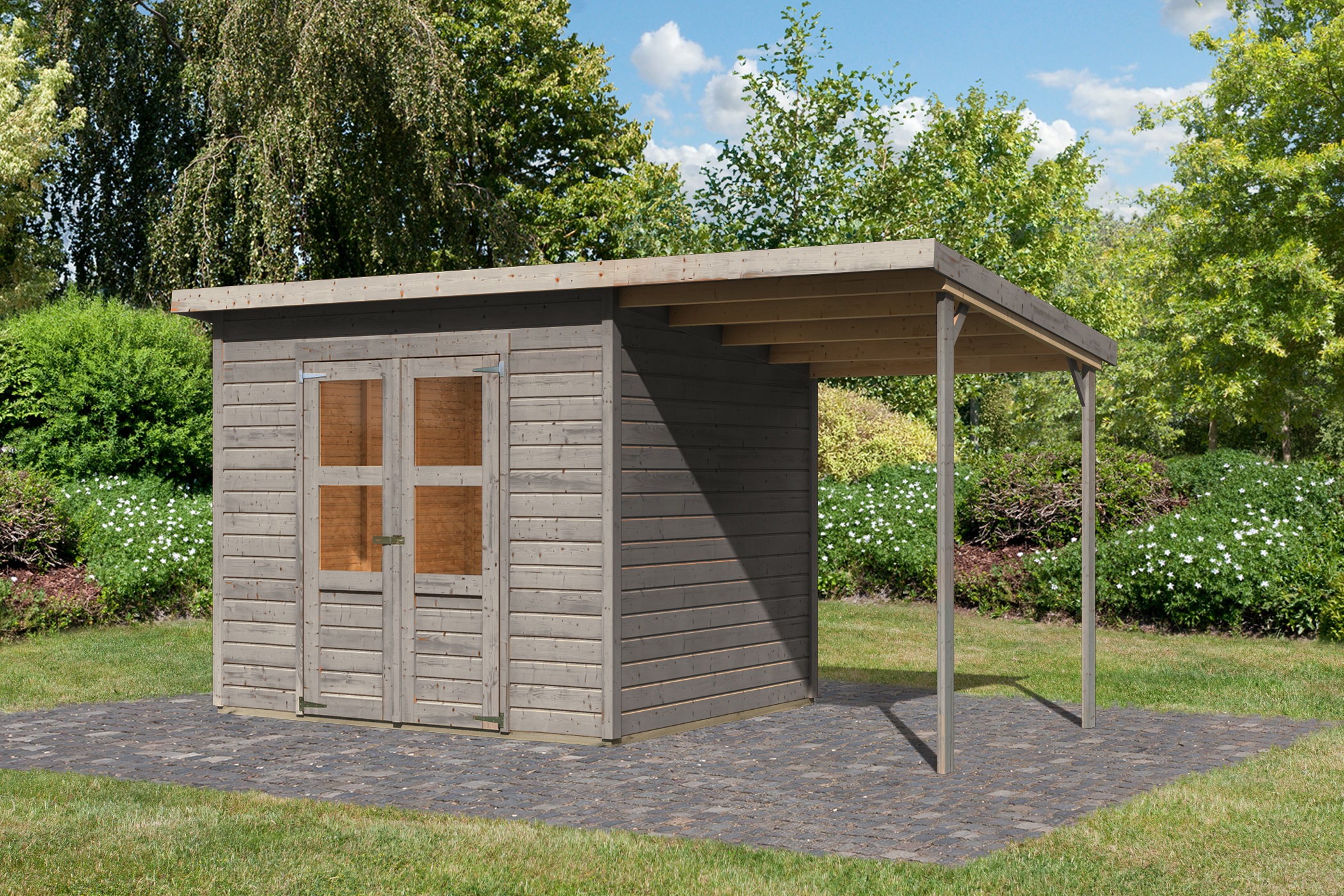 Karibu Gartenhaus ""Merseburg 5" vorvergraut mit Anbaudach" aus Fichtenholz günstig online kaufen