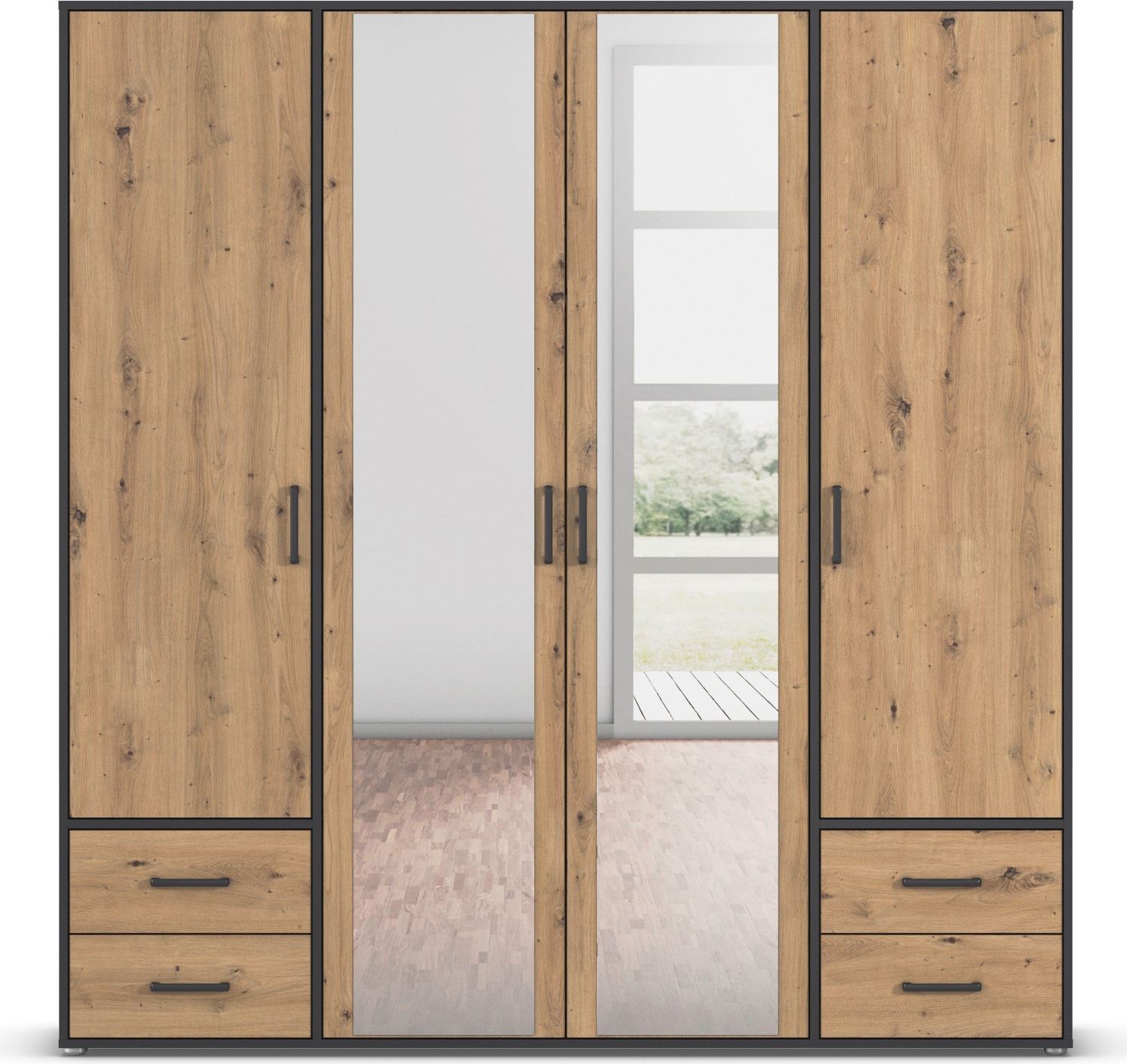 rauch Drehtürenschrank »Kleiderschrank Schrank Garderobe Wäscheschrank VOYAGER«, (in 3 verschiedenen Ausstattungen BASIC/CLASSIC/PREMIUM), mit modernen Griffen in Graumetallic, inkl. Schubkästen und Spiegel