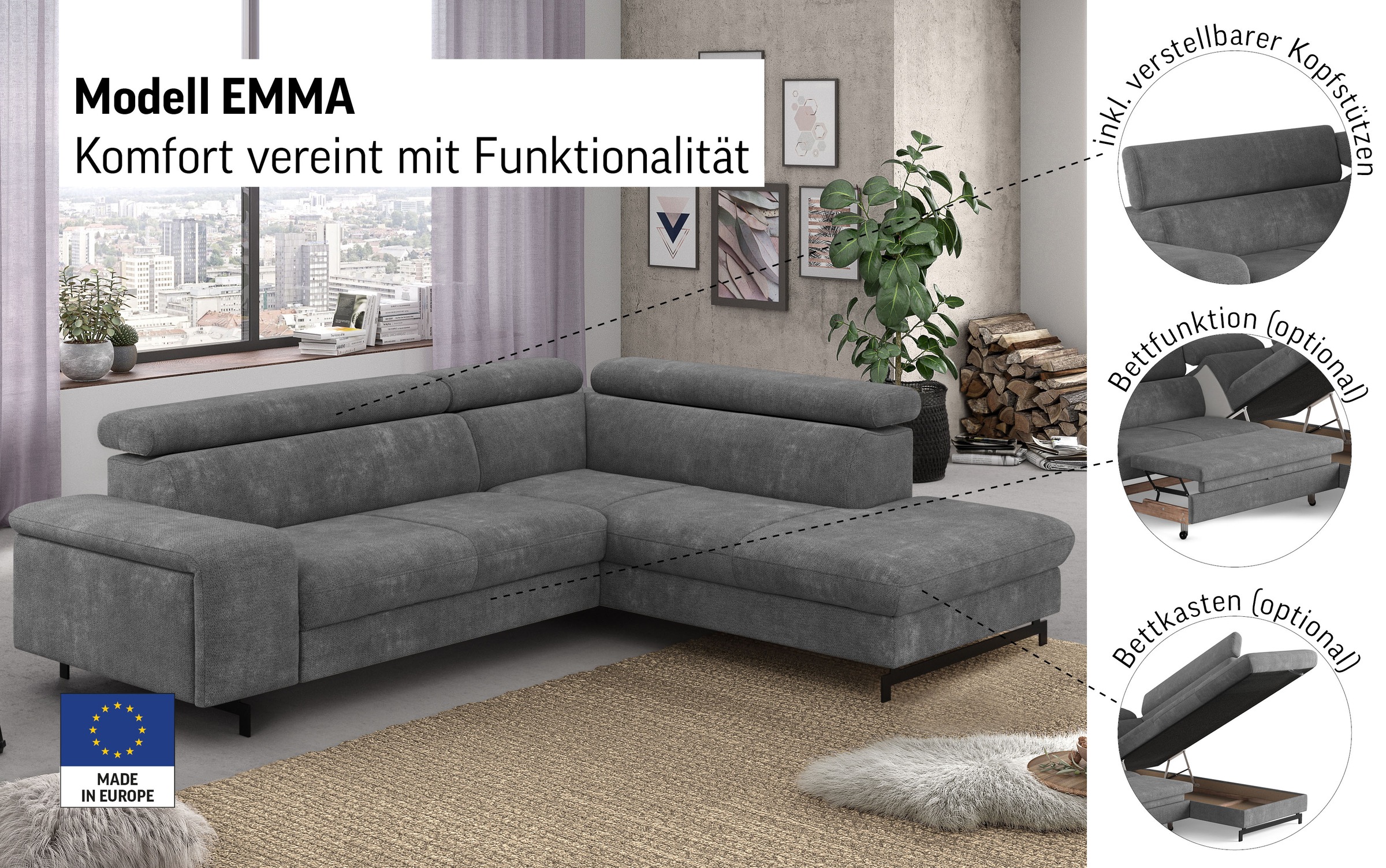 Thumbnail - COTTA Ecksofa "Emma L-Form, B: 262 cm" mit Kopfteilverstellung, optional Bettfunktion & Bettkasten