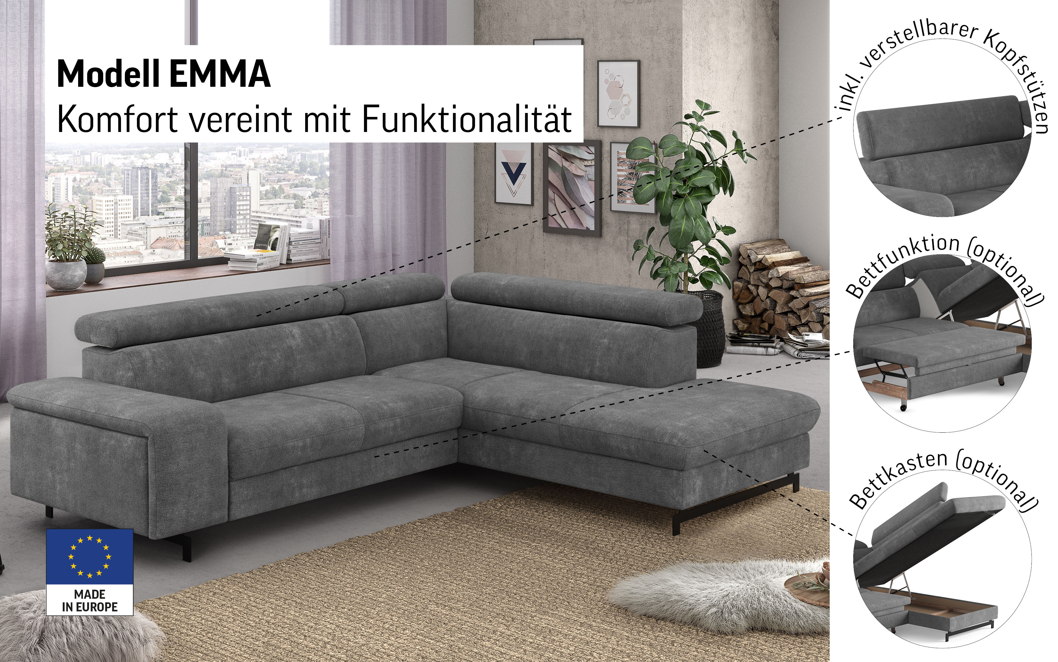 Thumbnail - COTTA Ecksofa "Emma L-Form", mit Kopfteilverstellung, wahlweise mit Bettfunktion & Bettkasten