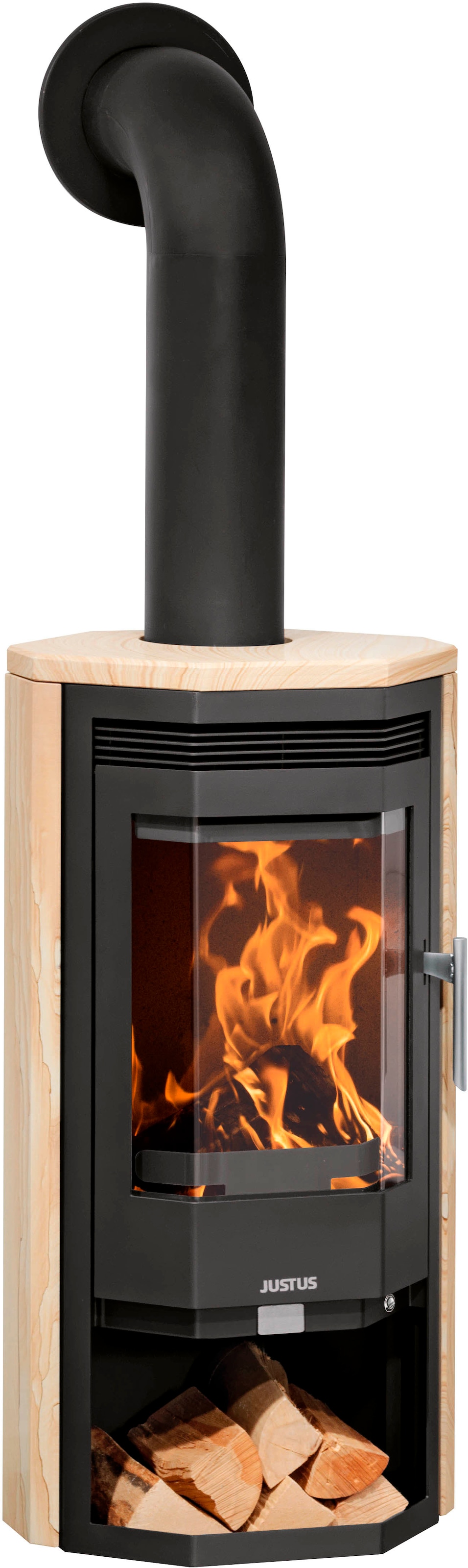 JUSTUS Kaminofen "Usedom 5D Sandstein", schwarz, Wohnzimmer, Kaminöfen, Aufstellort in deinem Zuhause, prismatische Scheibe, Holzfach