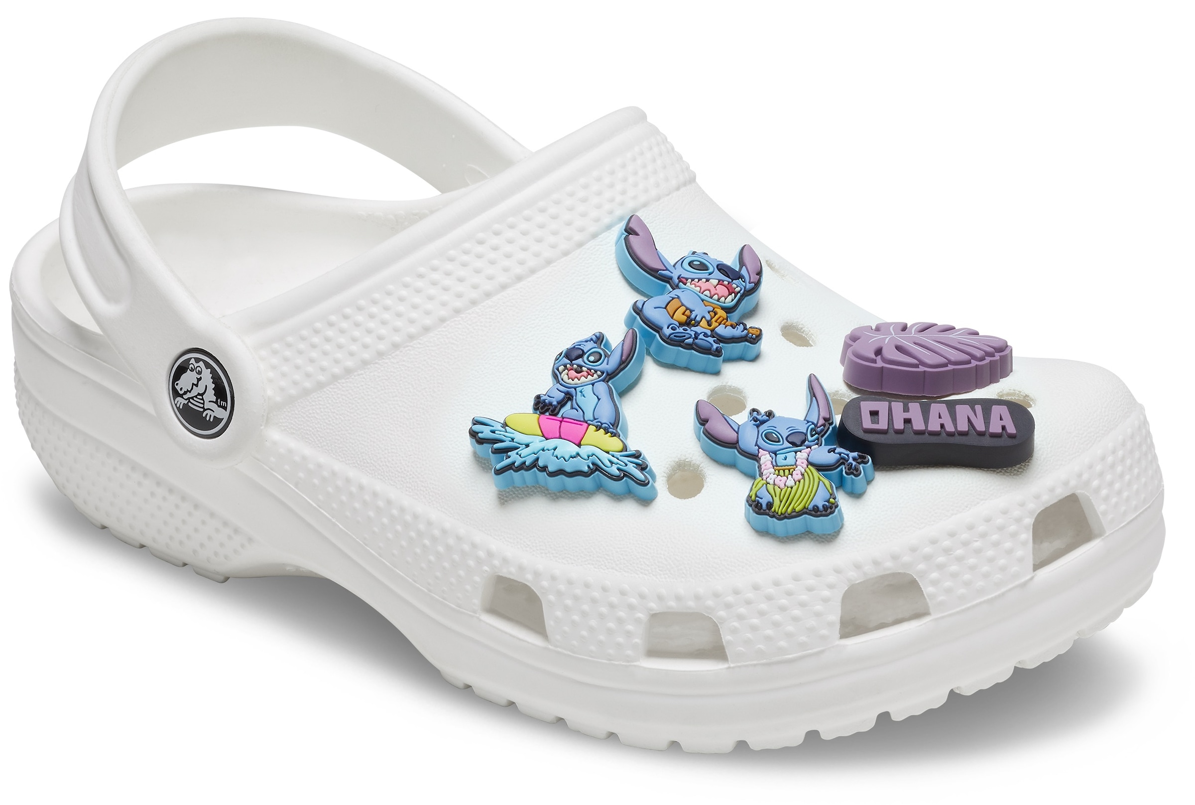 Schuhanstecker CROCS "Jibbitz™ Stitch Tropical", Jungen, grau (grau lila), PVC, Schuhzubehör Schuhanstecker, Charm, Anstecker, Schuh-Anstecker von Lilo und Stich