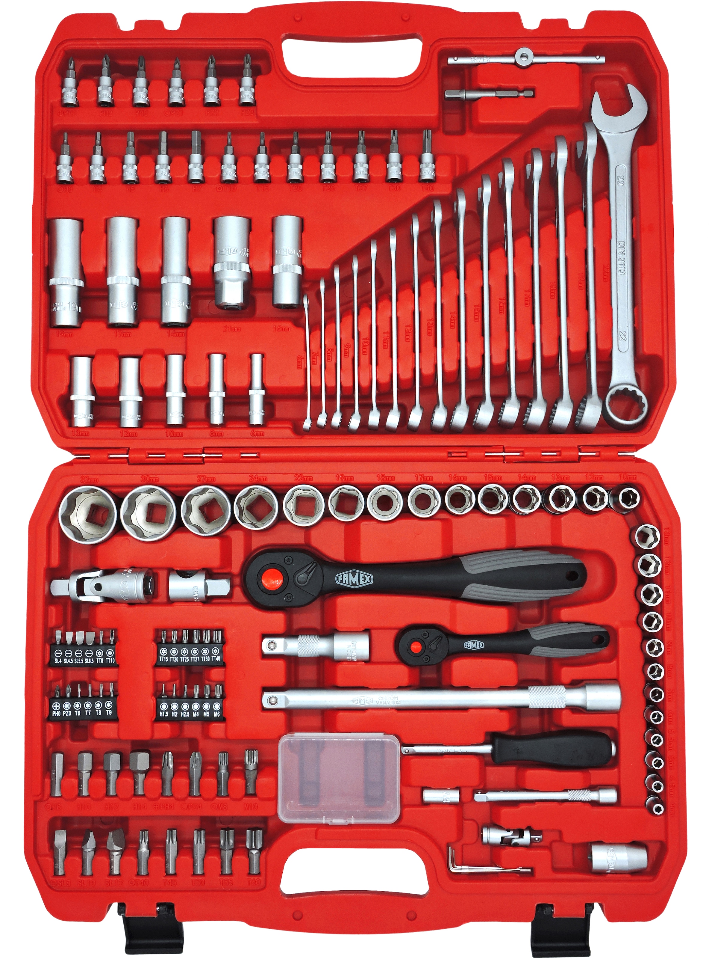 FAMEX Steckschlüssel "568-44 Mechaniker", (Set, 125 St.), 72-Zahn-Umschaltknarren, Ratschenkasten, Nusskasten, äußerst b