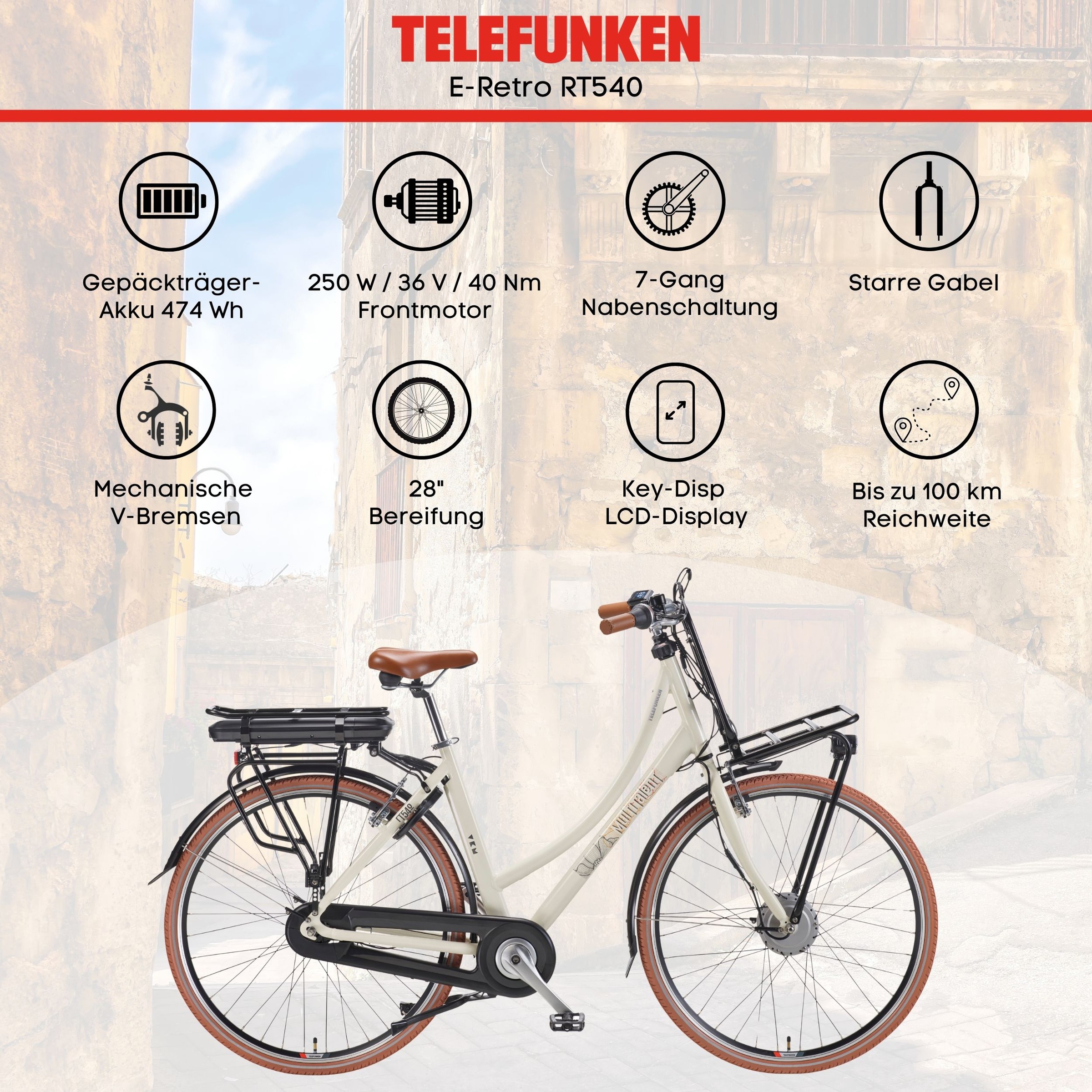 Telefunken »Multitalent RT540« 7 Gang Shimano Nexus Schaltwerk Nabenschaltung Frontmotor 250 W Pedelec, Elektrofahrrad für Damen u. Herren