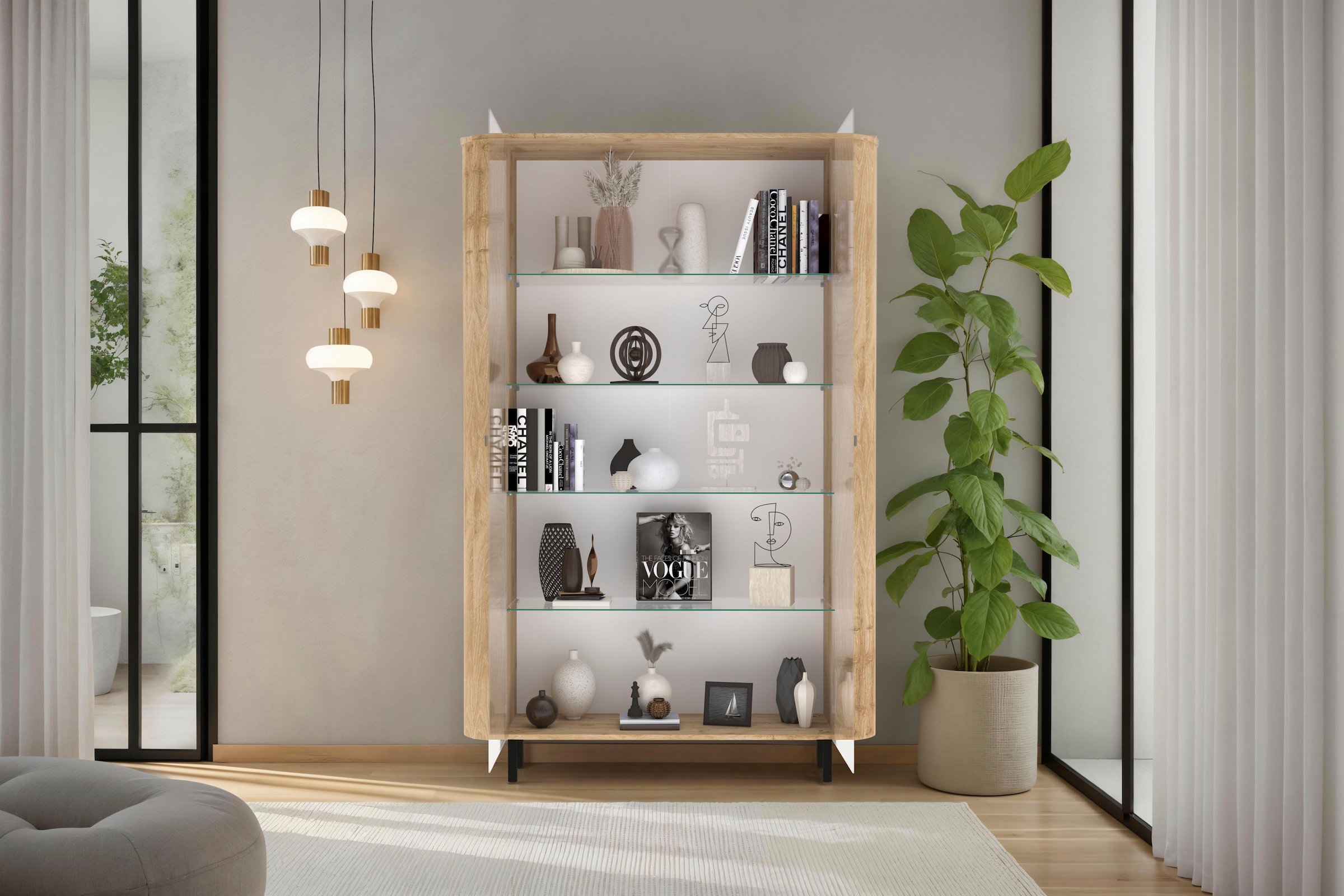 Home affaire Vitrine »Murano, Standvitrine H 200 cm, B 131 cm, 2 Türen, Vitrinenschrank« Formgebogenes MDF, Stirnseiten mit Rundung, Metallfüße, stilvoll
