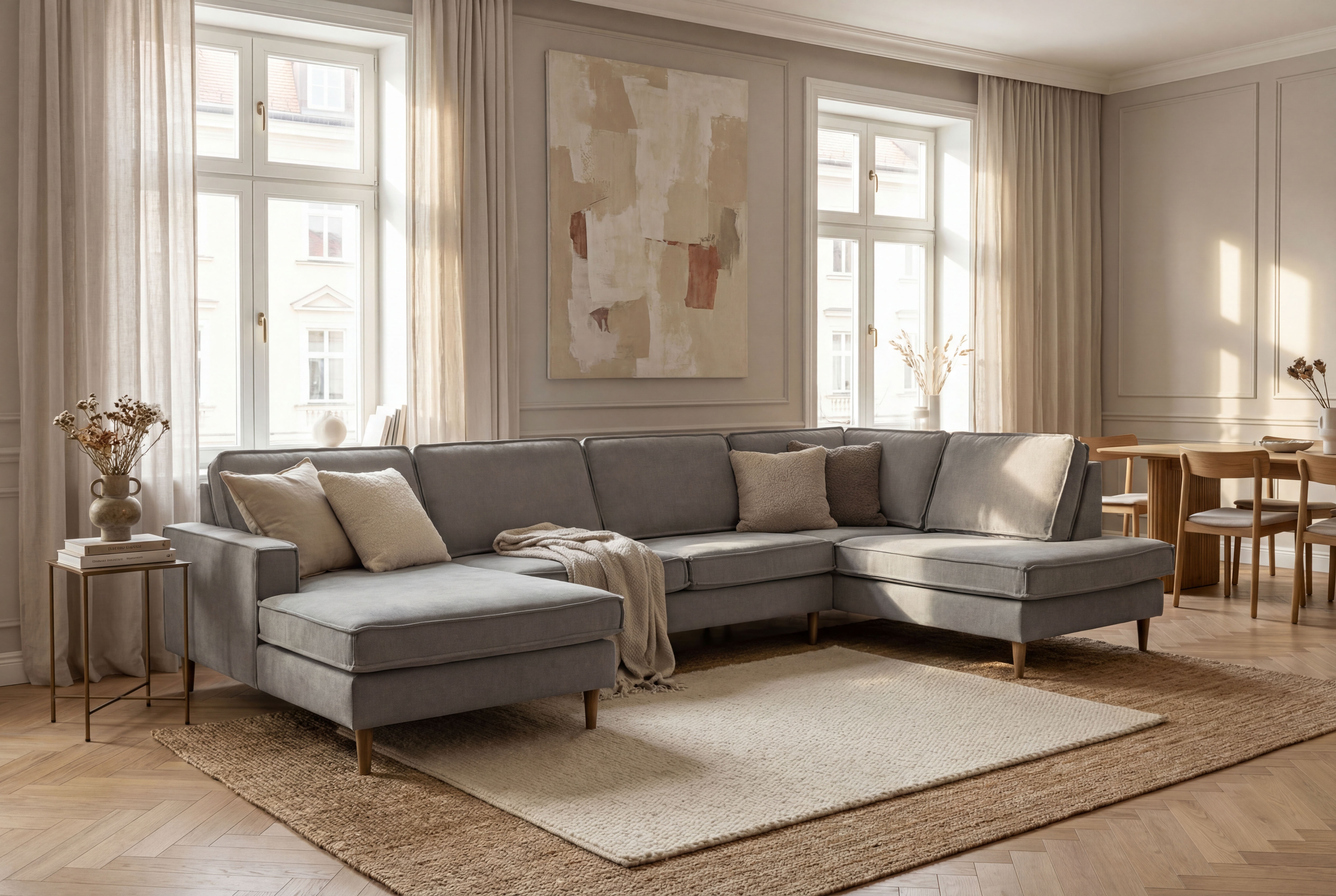 OTTO home Wohnlandschaft "Pinto Skandi, 350 cm, U-Form, XXL, mit Ottomanen" mit Keder, Massivholzfüße Eiche geräuchert, Wellenunterfederung