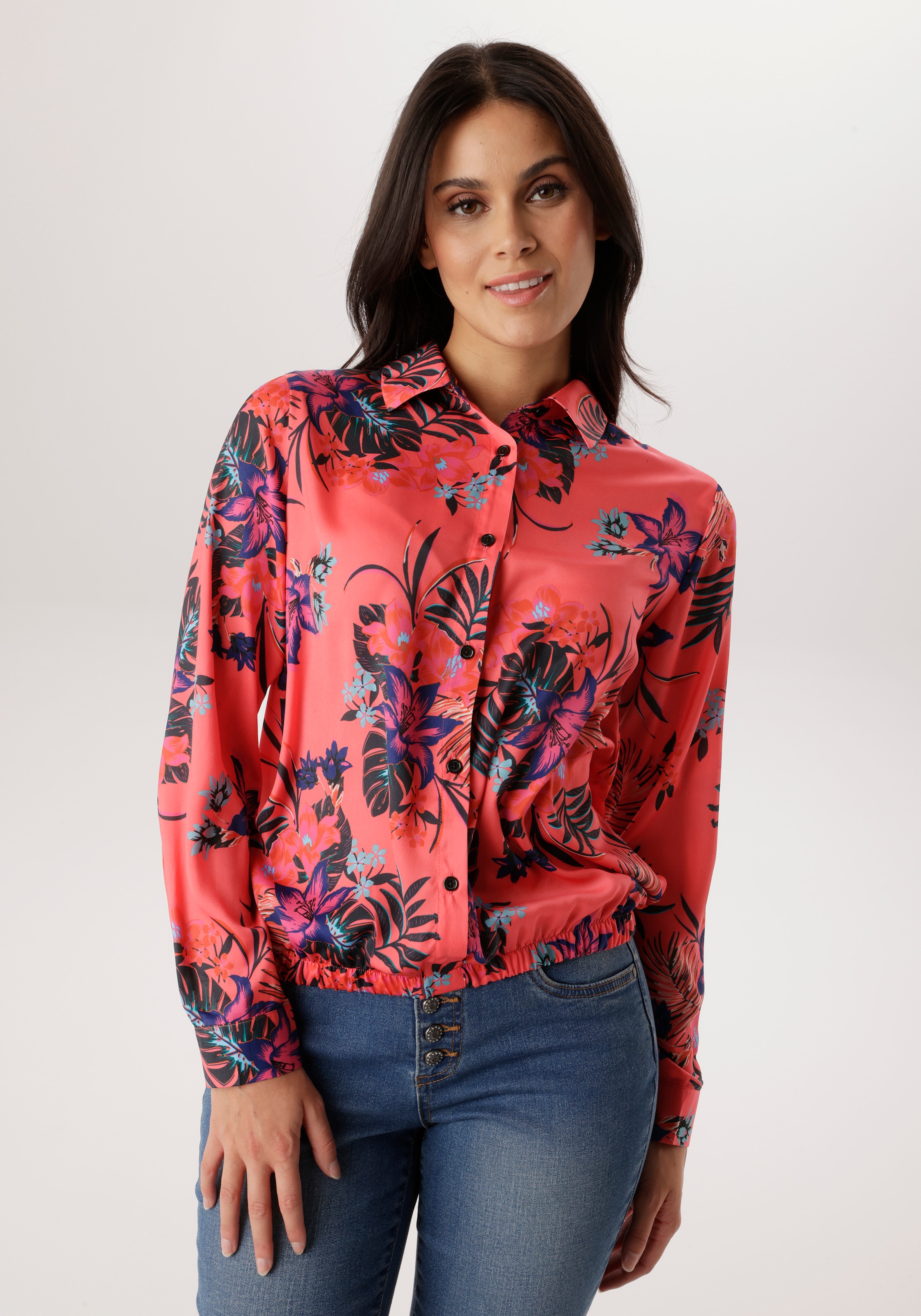 Aniston SELECTED Hemdbluse mit Gummizug am Saum und floralem Allover-Print günstig online kaufen