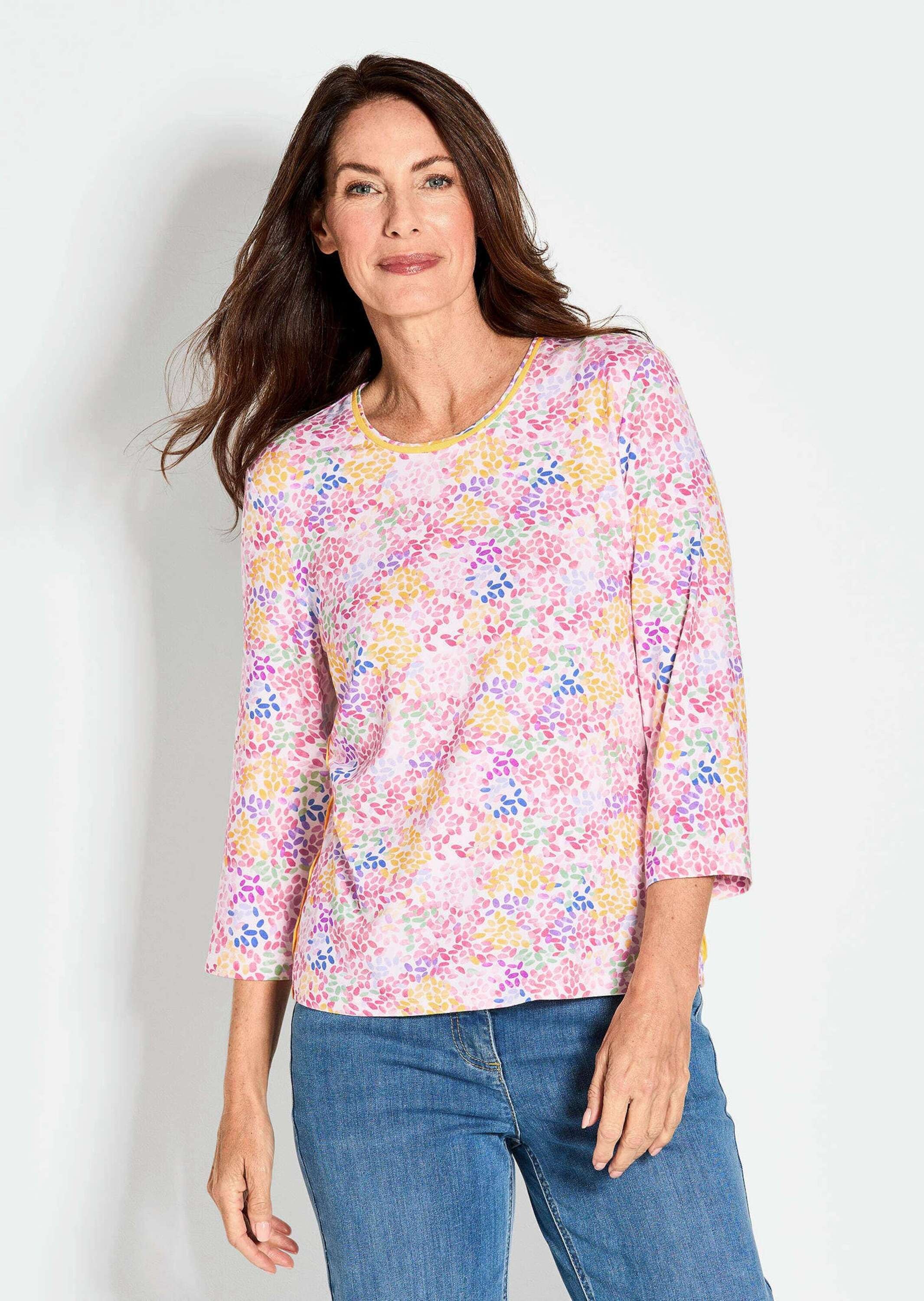 GOLDNER Print-Shirt »Kurzgröße Elastisches Viskoseshirt mit mehrfarbigem Alloverdruck und Rundhalsausschnitt«