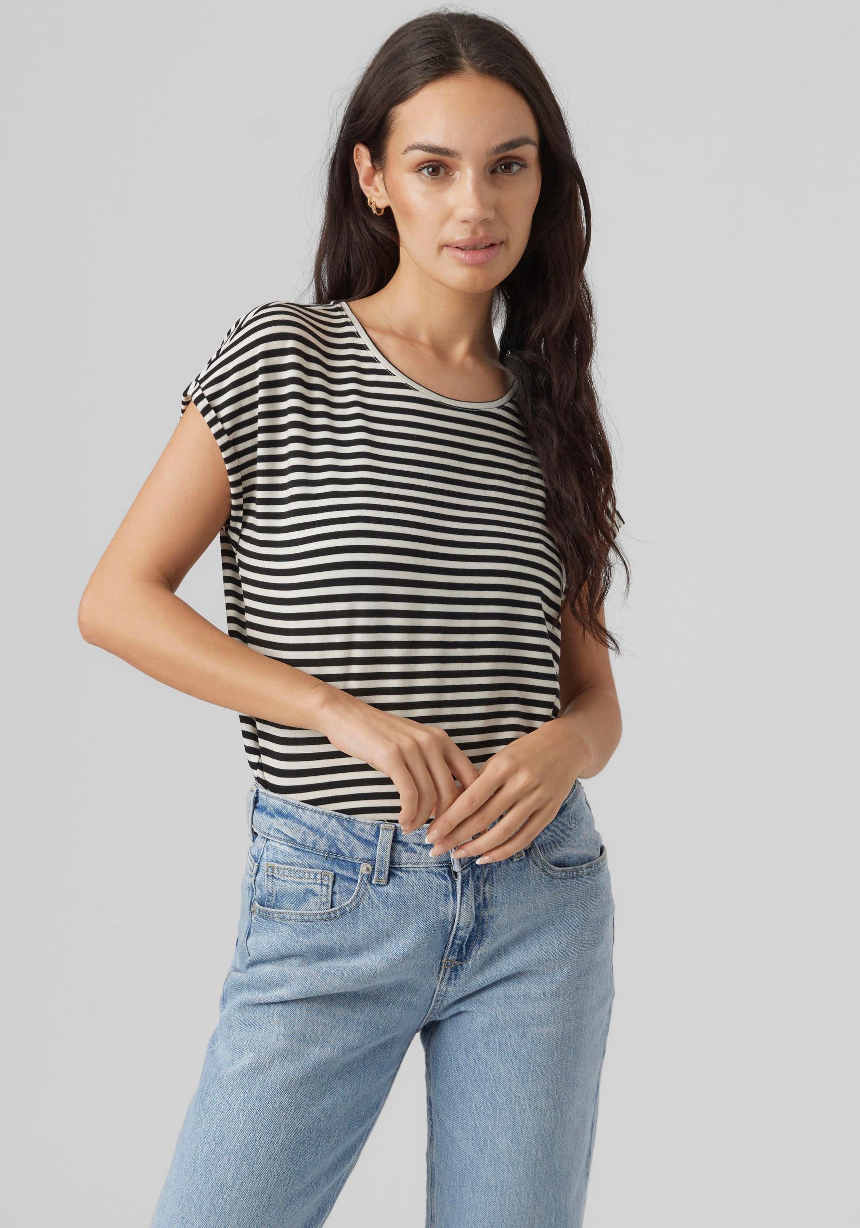 Vero Moda Rundhalsshirt "VMAVA PLAIN SS TOP STRIPE GA JRS NOOS"