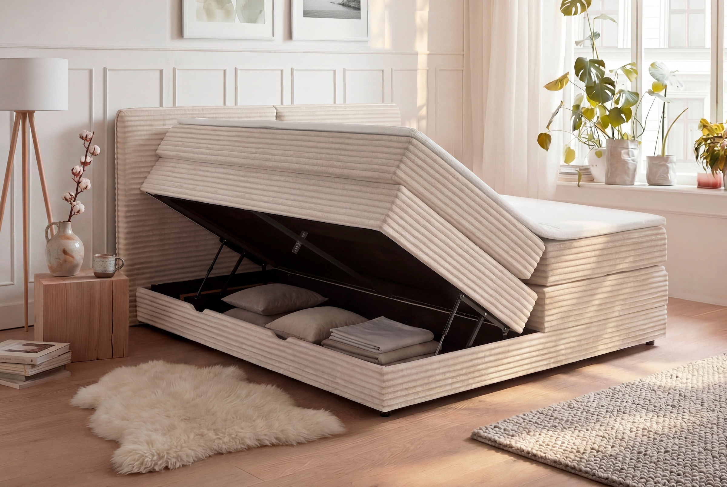 Home affaire Boxbett »VÄSTERVIK, Polsterbett mit Bettkasten und Taschenfederkernmatratze H3« mit Topper, kuscheliger Breitcord-Stoff, Liegefläche 180x200cm