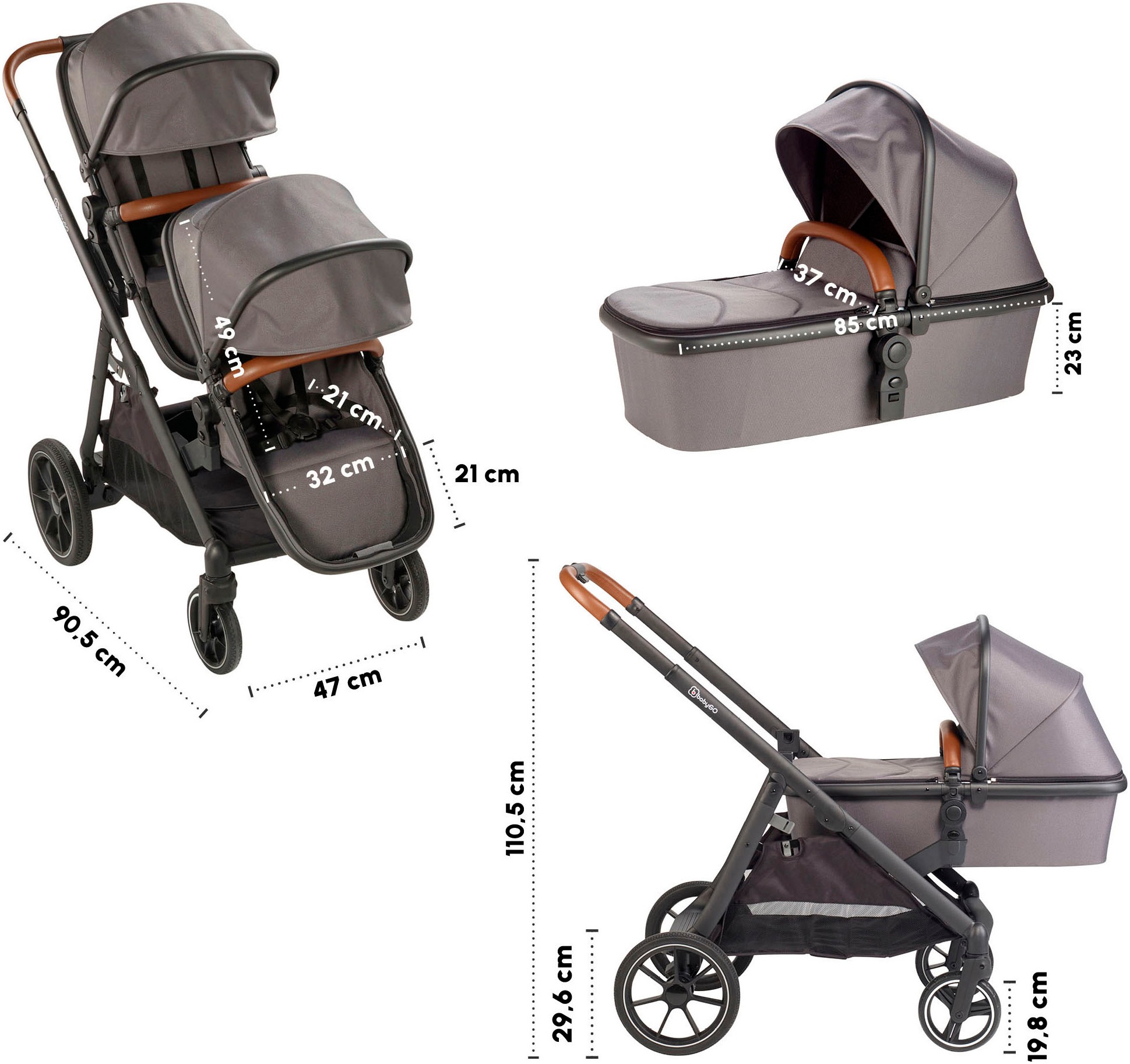 BabyGo Zwillingswagen »Duo«, inklusive Babywannen, Babyschalen, Regebezüge & Wickeltasche