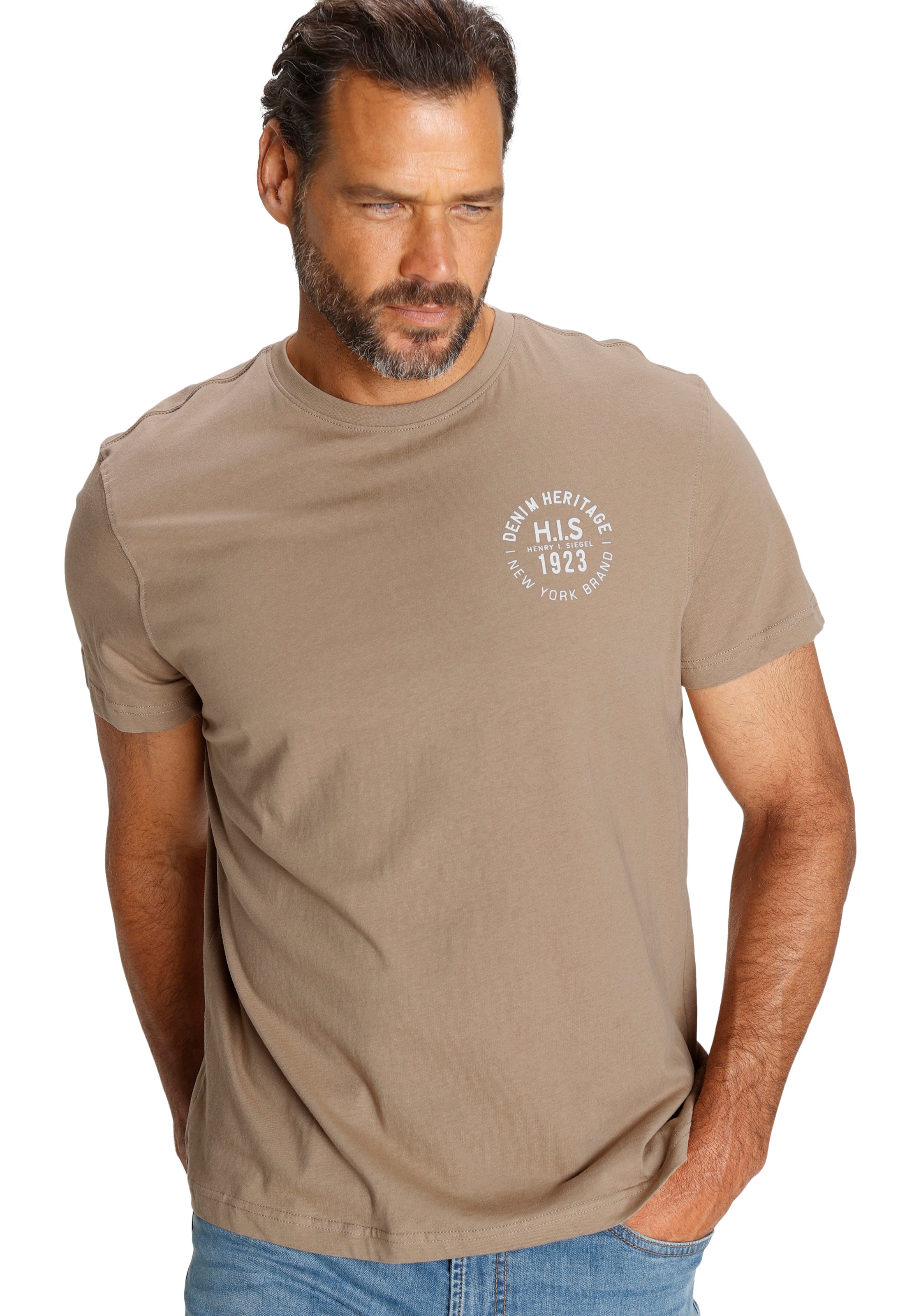 T-Shirt H.I.S, Herren, Gr. 5XL (72/74), bordeaux, navy, beige, Single Jersey, Obermaterial: 100% Baumwolle, bedruckt, schmal, Rundhals, gerader Abschluss, Shirts T-Shirt, schmal geschnitten, bedrucktes Design, aus 100% Baumwolle 2