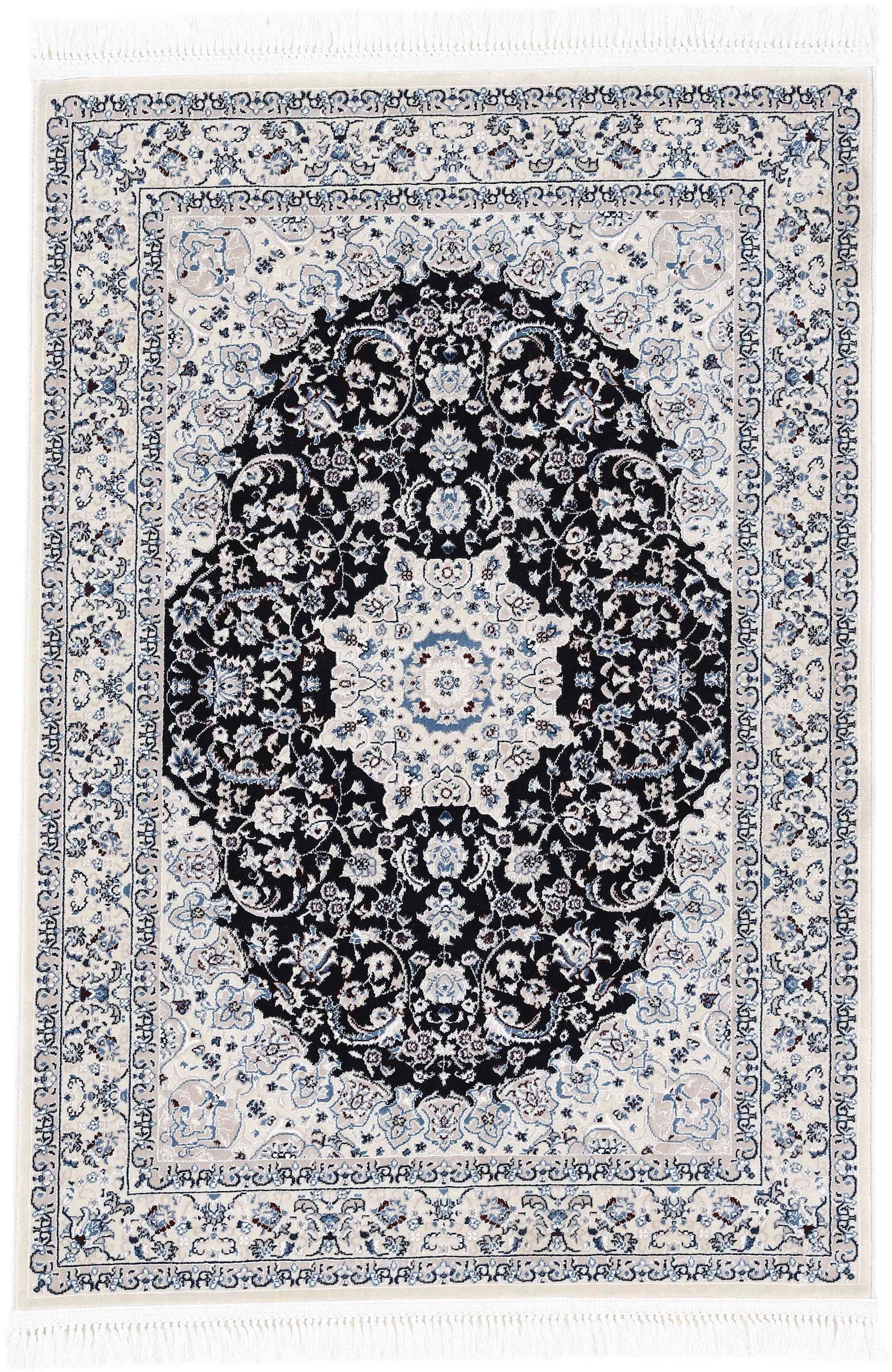 Teppich CARPETFINE "Nain Diane, auch als Läufer", blau, B:240cm H:8mm L:340cm, Polyester, Polypropylen, Teppiche, Teppich, Kurzflor mit Fransen, Vintage Orient Look, Wohnzimmer