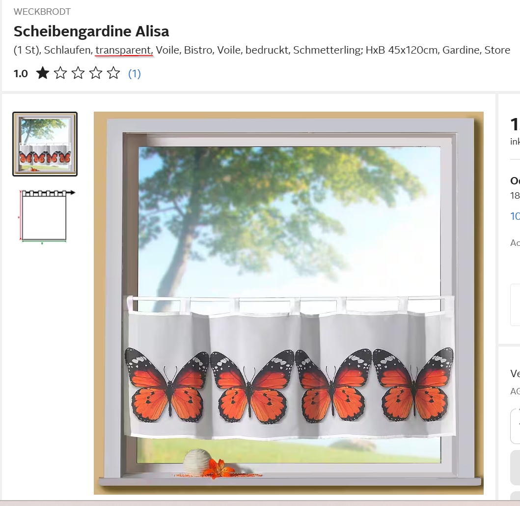 Weckbrodt Scheibengardine »Alisa« Schlaufen 1 Stk. tlg. Bistro,  Voile, bedruckt, Schmetterling; HxB 45x120cm, Gardine, Store