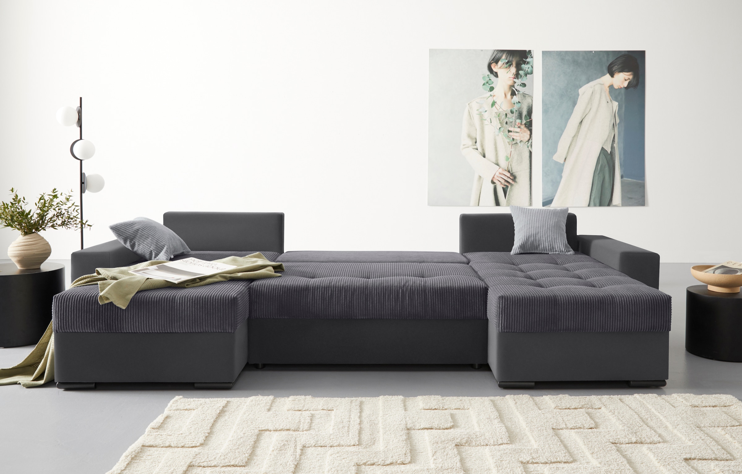 COLLECTION AB Wohnlandschaft »Josy U-Form«, mit Schlaffunktion, Bettkasten und Zierkissen, mit 2 Recamieren