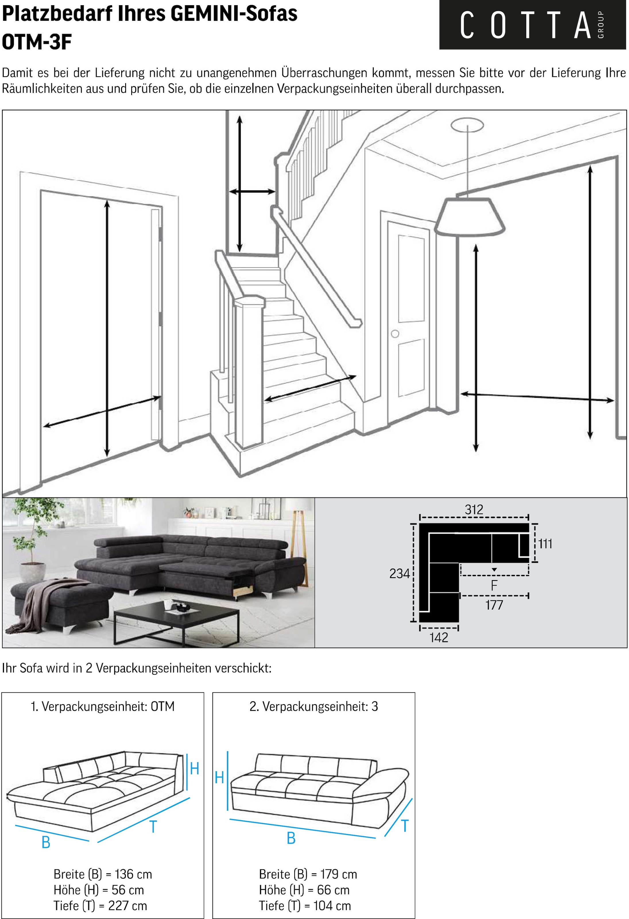 COTTA Ecksofa »Gemini L-Form«, mit Kopfteilverstellung, wahlweise mit Bettfunktion