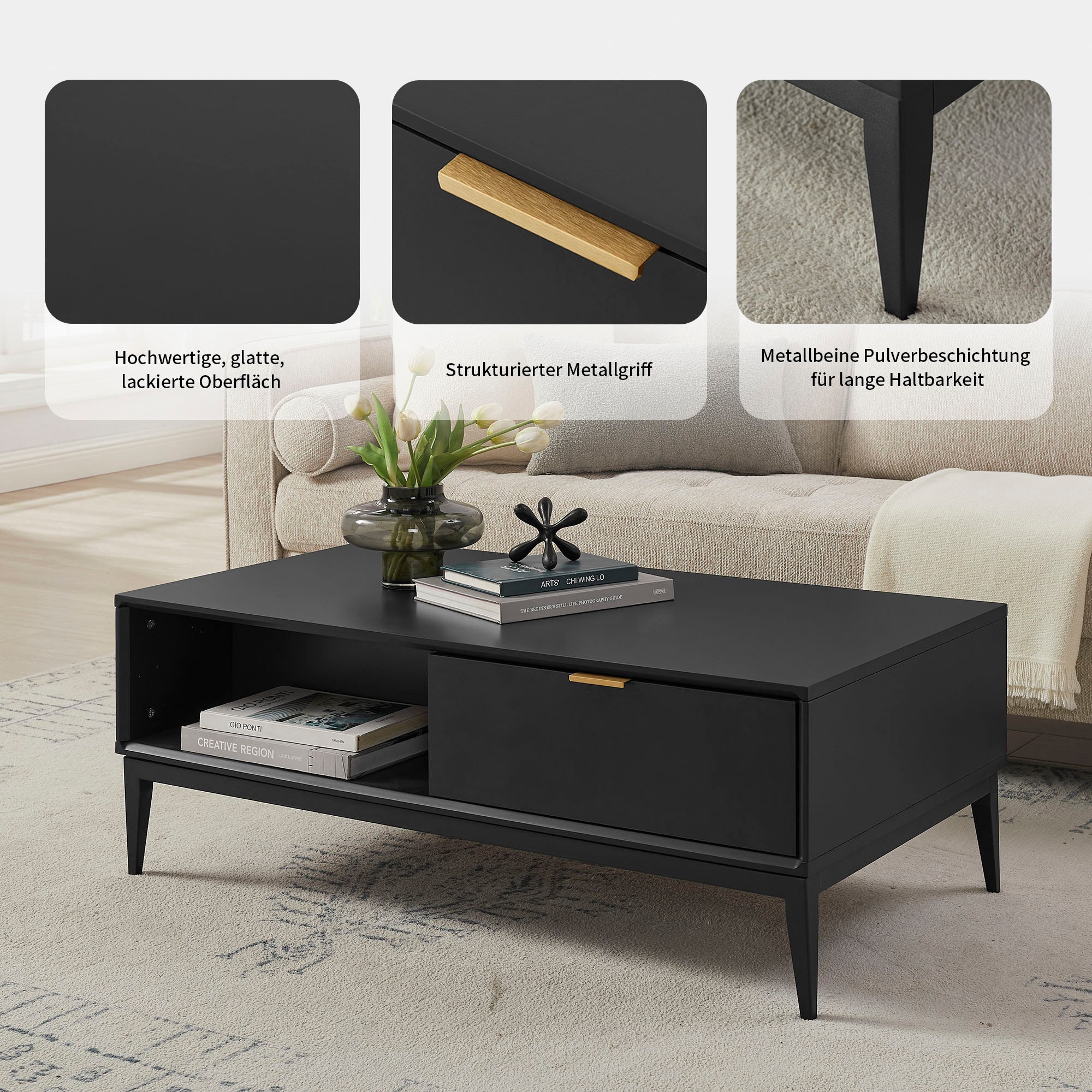 Couchtisch OTTO HOME "Lavisha", schwarz, schwarz, B:110cm H:41cm T:60cm, Tische, Couchtisch, Eisengestell und FSC-zertifiziertes Holz, Breite 110 cm 3