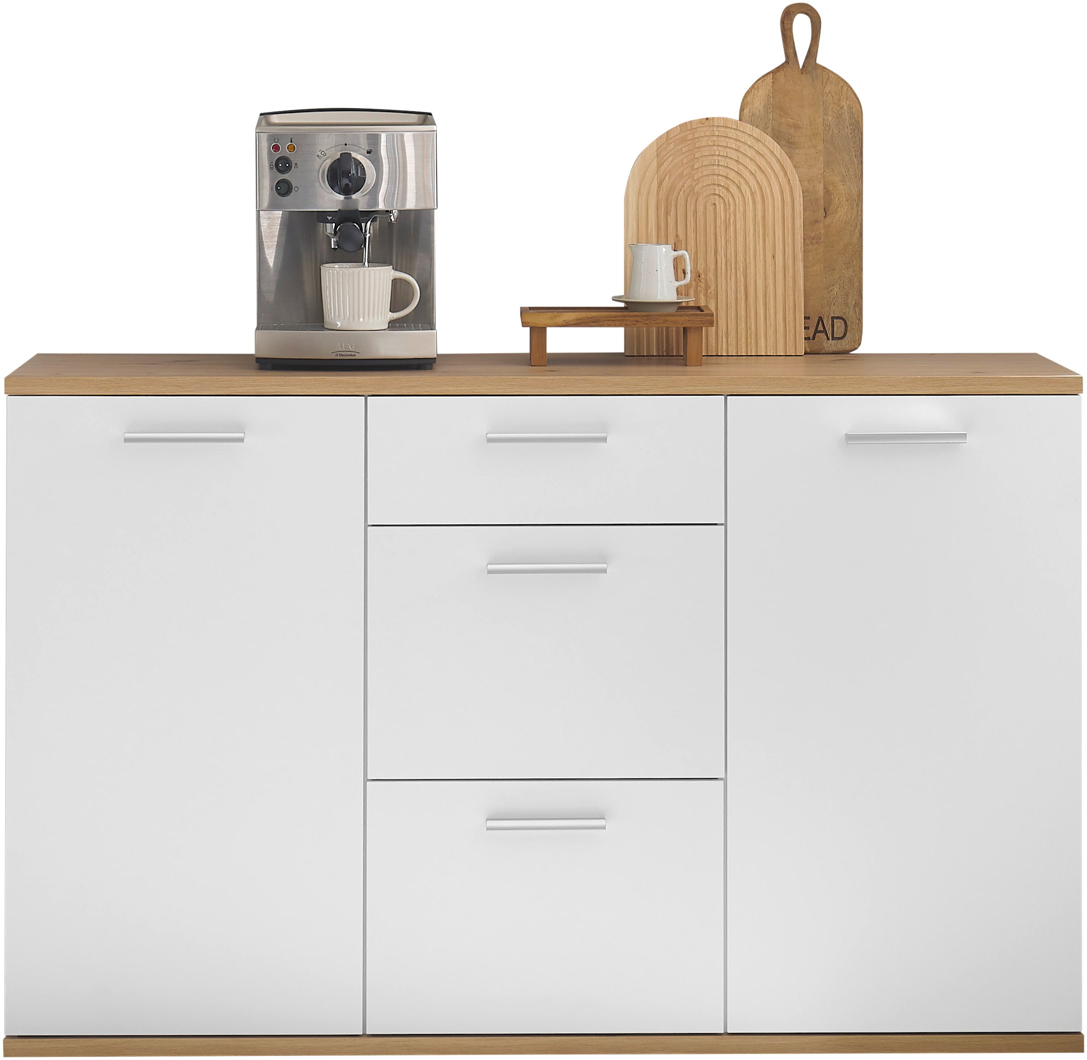 HBZ Kommode »BC1035 weiß matt, BxHxT 135x86x38 cm«, Kommode mit 2 Türen, 3 Schubkästen, 2 Einlegeböden
