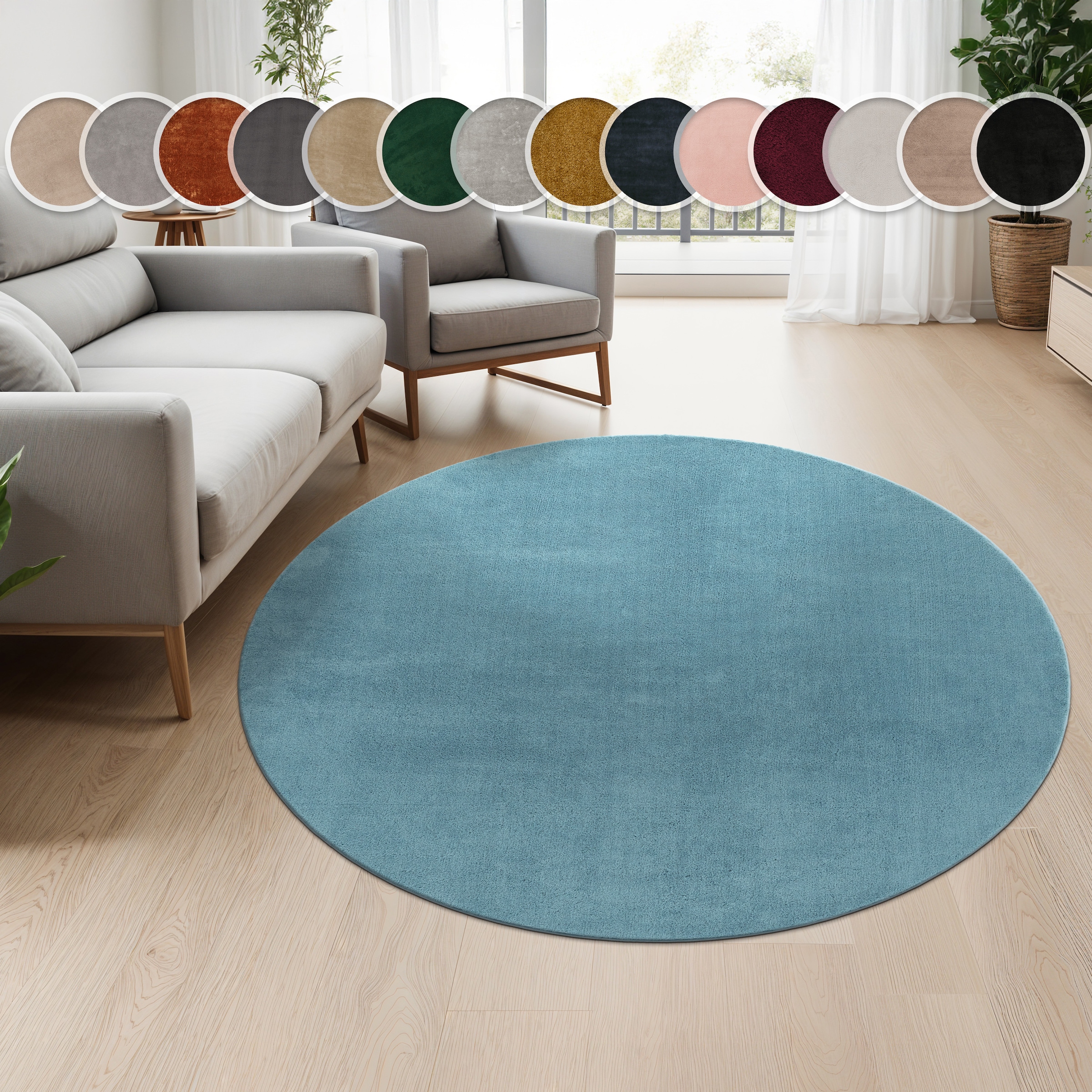 Teppich PACO HOME "Cadiz 630", blau (türkis), H:14mm Ø:80cm, Polyester, Teppiche, Teppich, Kurzflor, Uni-Farben, besonders weich, waschbar, Wohnzimmer