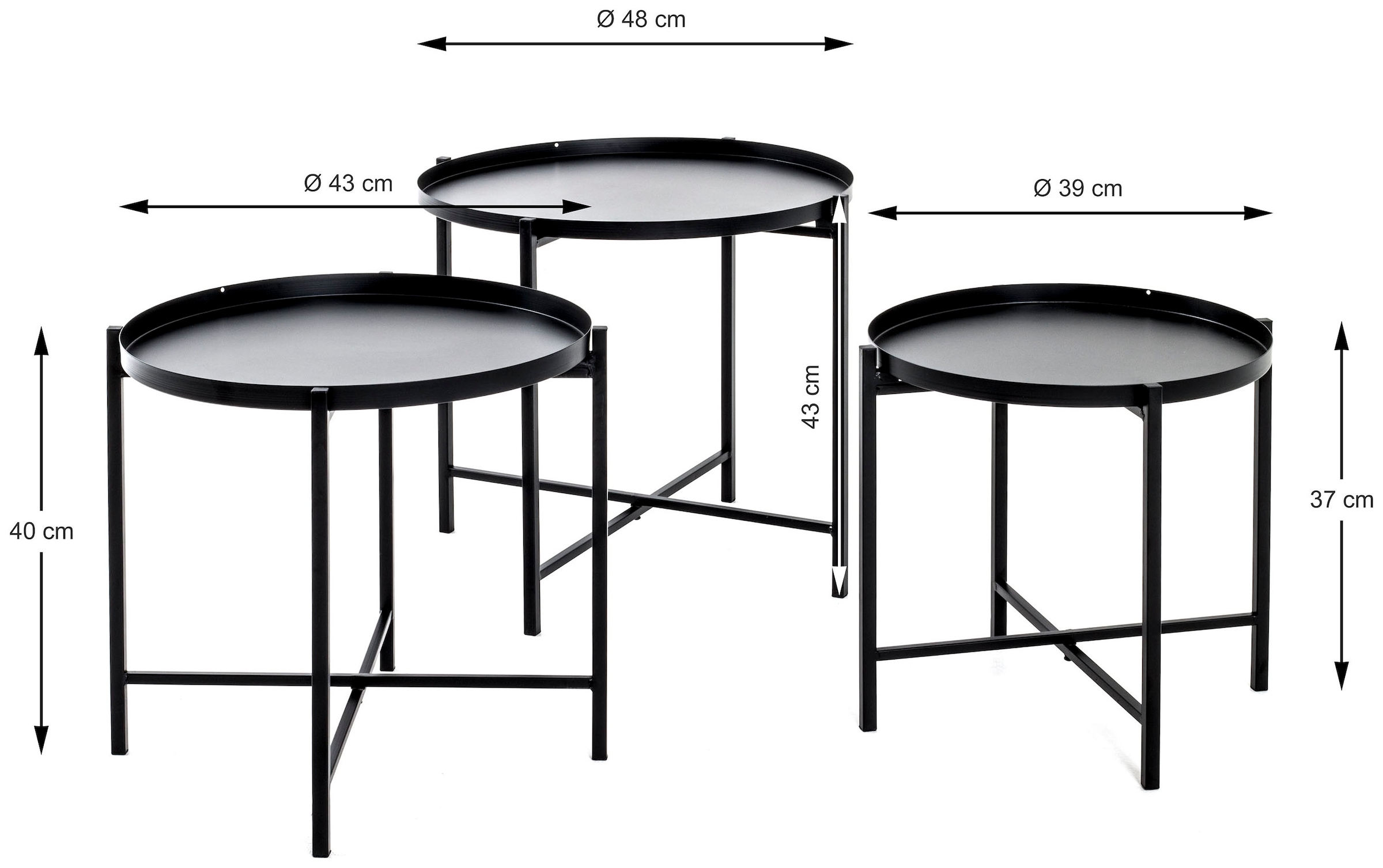 HAKU Beistelltisch »Sofatisch, Wohnzimmertisch« Set, 3er Set, 3 Stk. tlg. rund - aus Metall Schwarz - Ø/H 39/37 und 43/40 und 48/43 cm