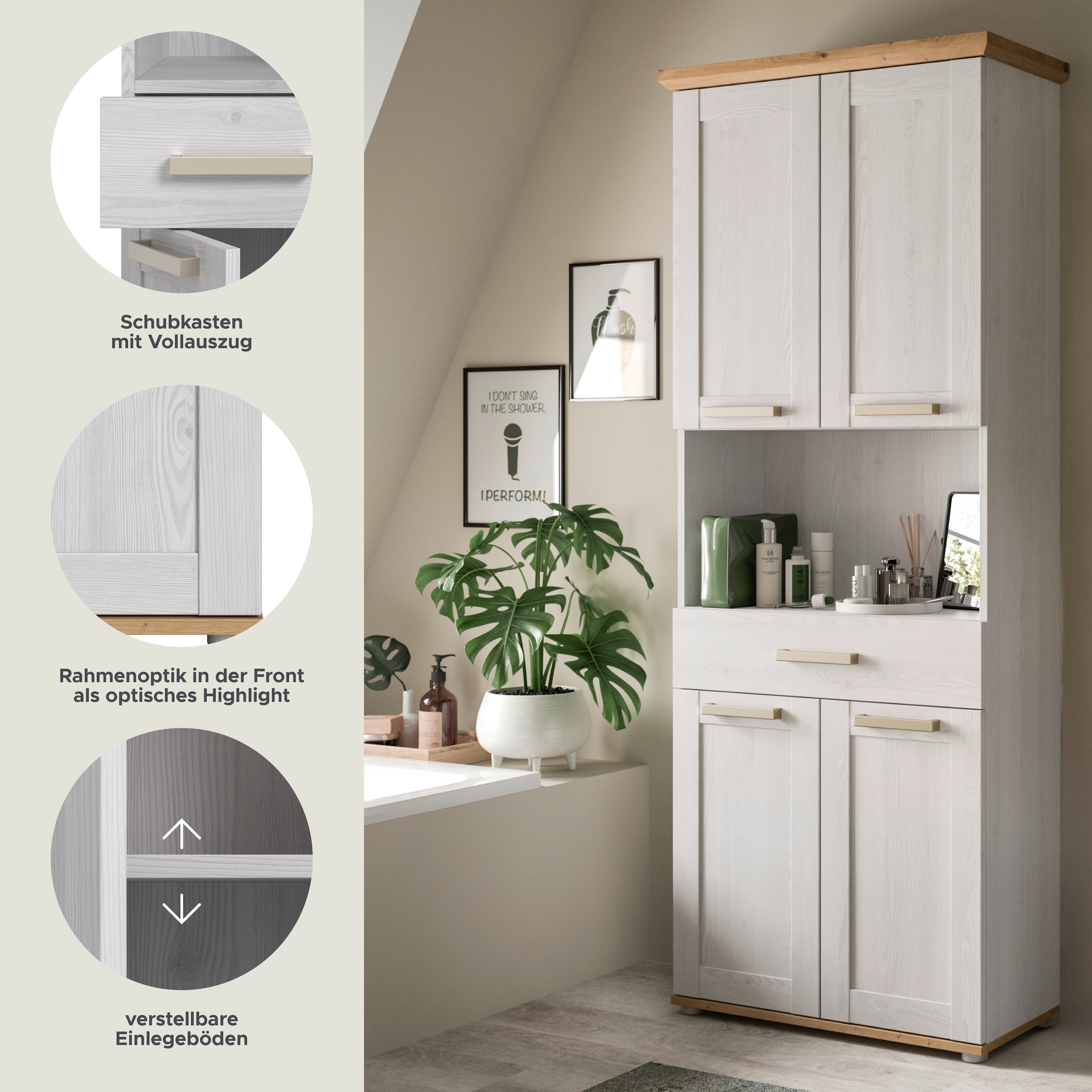 welltime Hochschrank »COSENZA, Höhe 187cm, 4 Türen, 1 Schubkasten, 1 offenes Fach« in Landhausoptik, mit weiteren Artikel der Serie kombinierbar, 1 Stk. tlg. Hochschrank, Bad, Badezimmerschrank