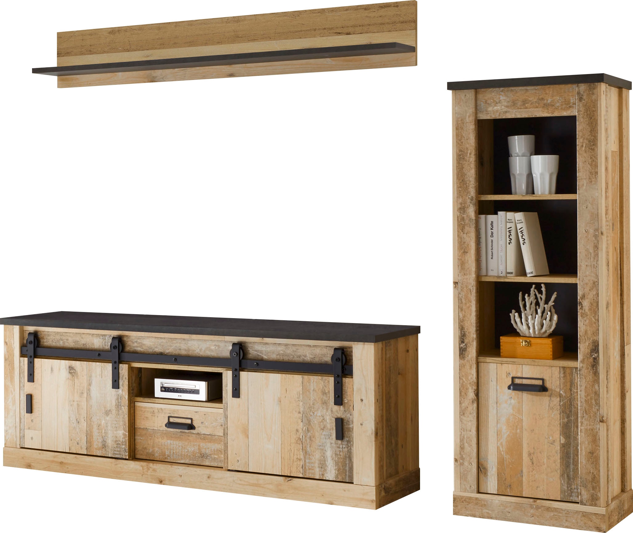 Home affaire Wohnwand "Sherwood, Anbauwand im Industrial-Style, Komplettset, Wohnzimmer-Set" 3 Stk. tlg.