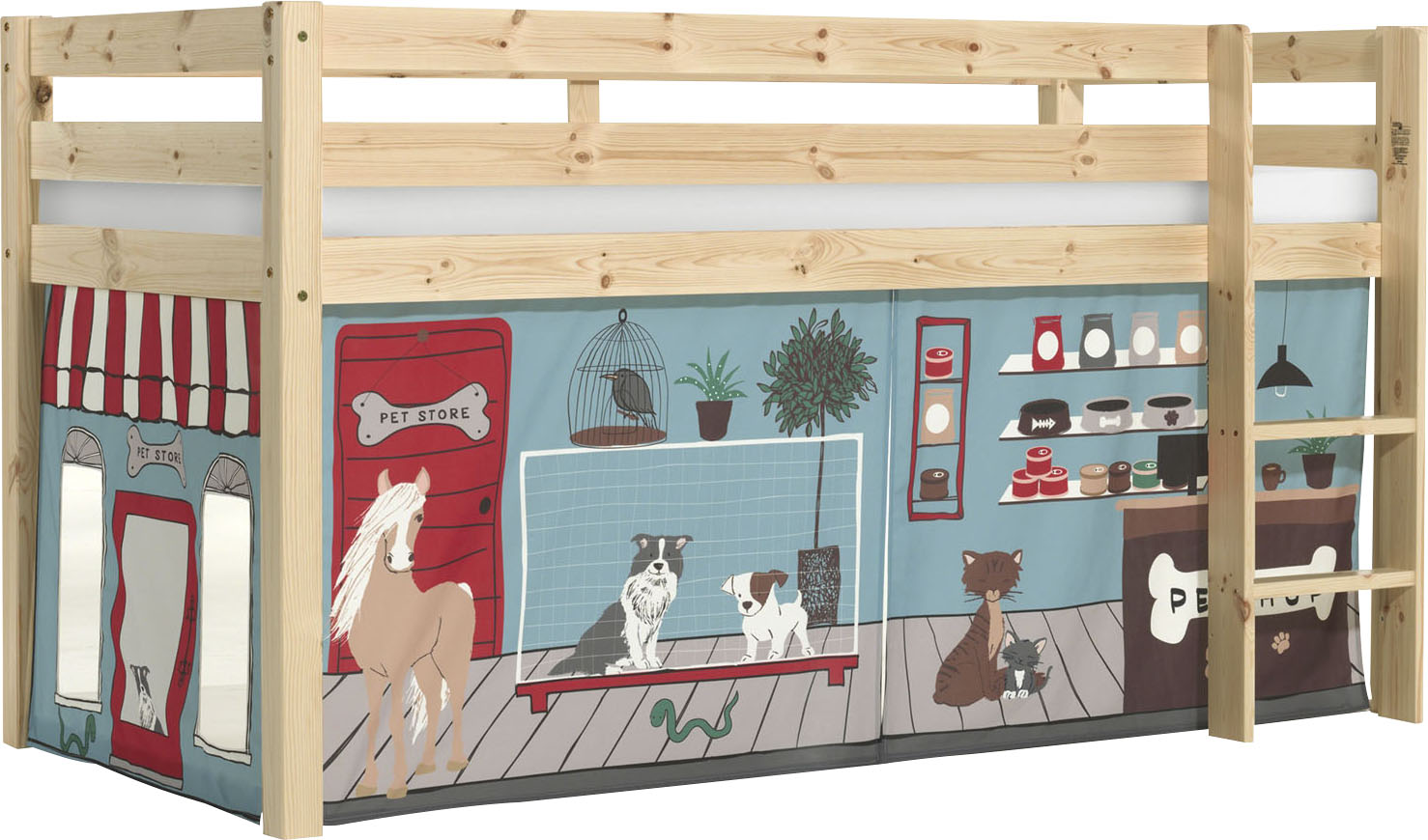 Thumbnail - Vipack Spielbett "Pino, Kiefer massiv, mit Rolllattenrost u. Textil-Set, Made in Europe" B/H/T ca. 210x114x106cm, mit Le...