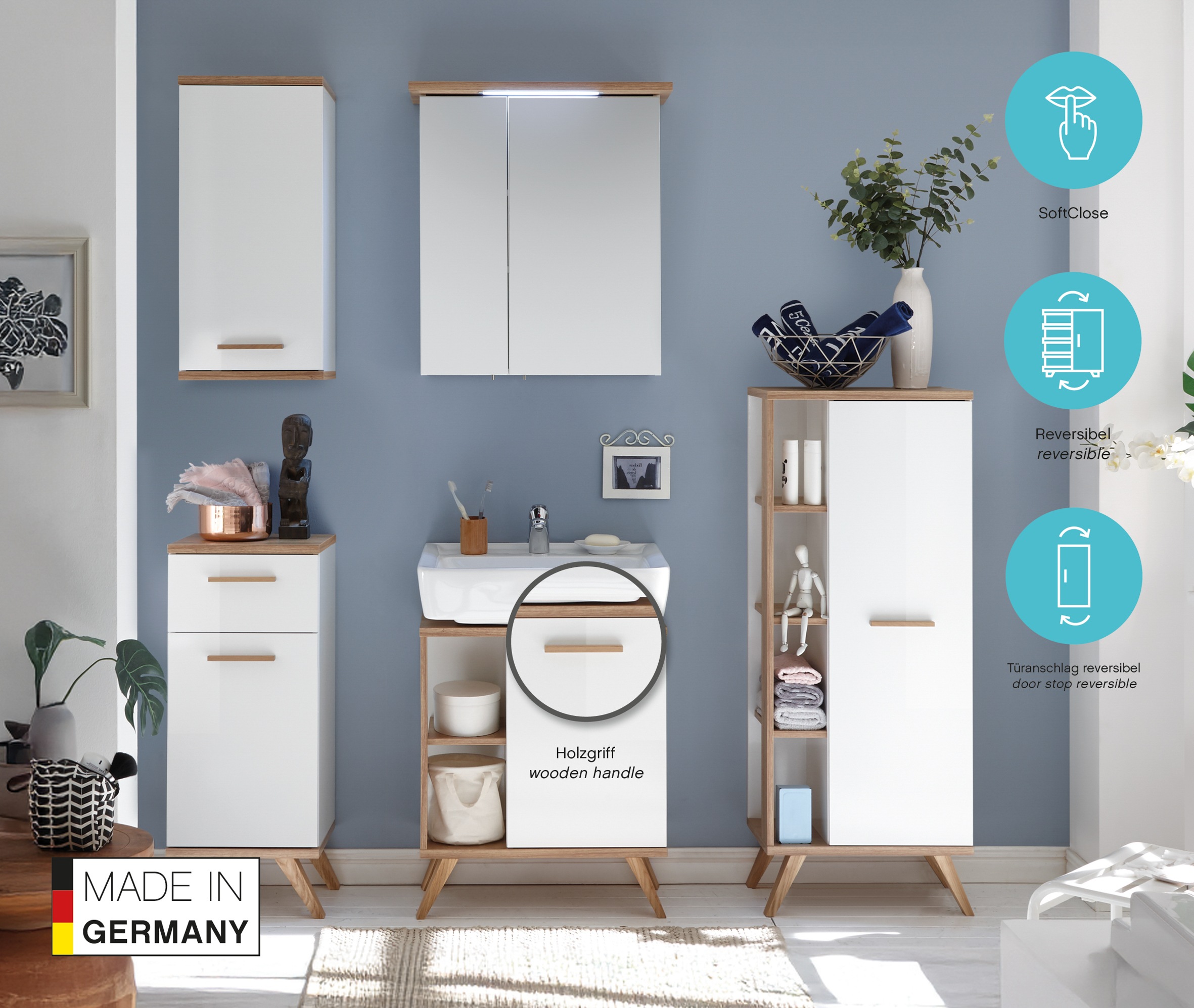 Thumbnail - Saphir Unterschrank "Quickset 923 Badschrank mit 1 Schublade, 1 Tür, 35,5 cm, Weiß Glanz" Badezimmer-Unterschrank inkl. ...