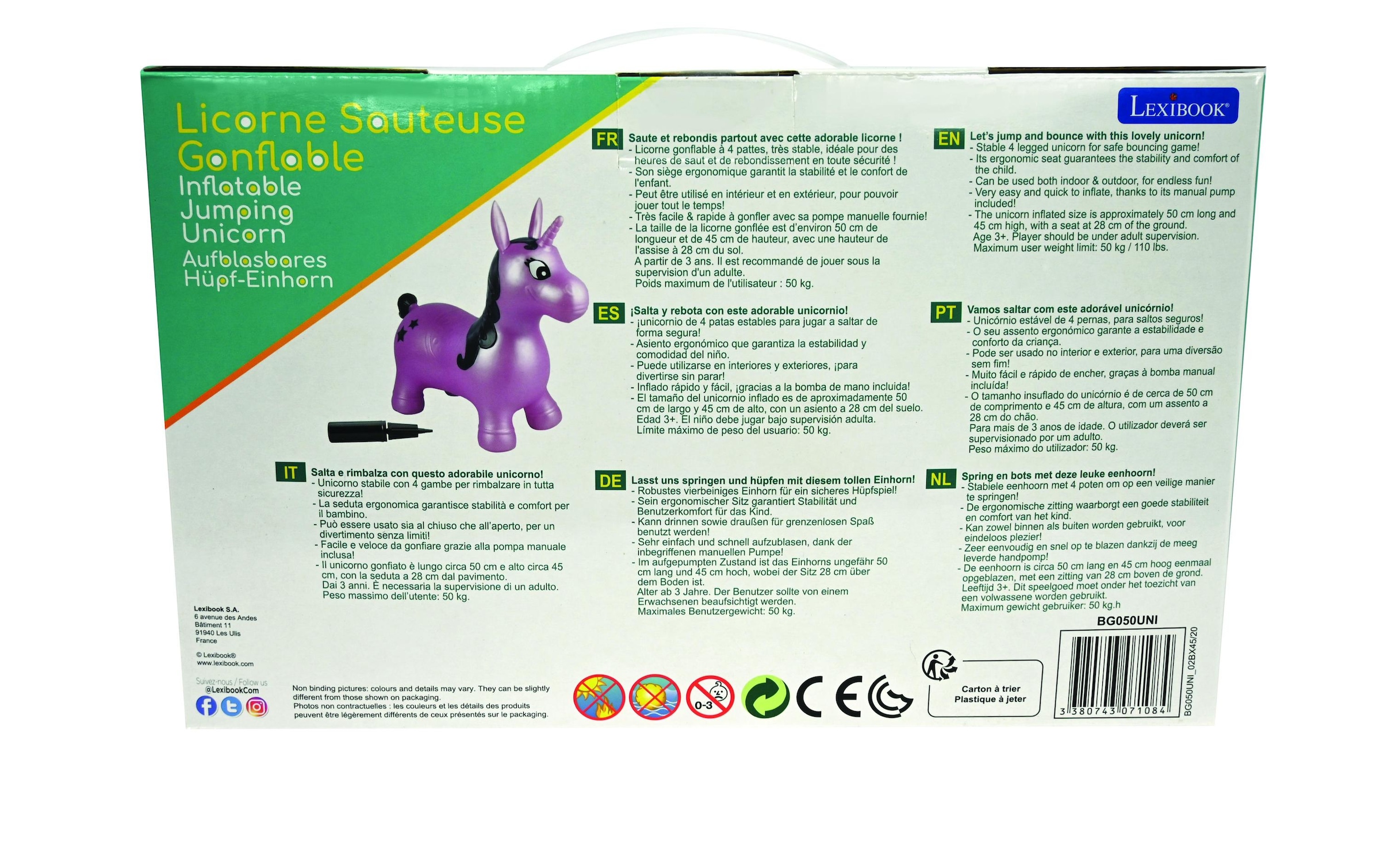 Lexibook® Hüpftier »Einhorn 50 cm« Schnell aufzublasen mit der mitgelieferten Handpumpe