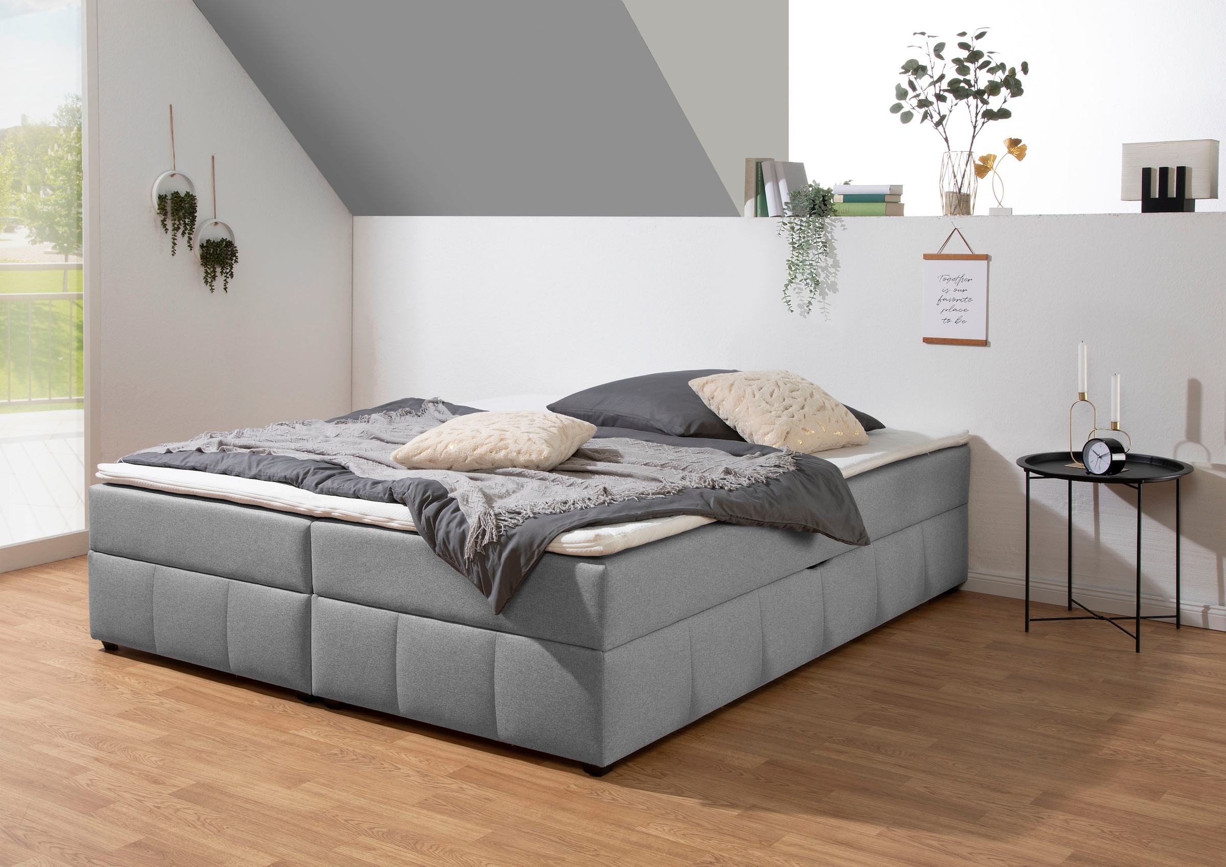 Boxbett HOME AFFAIRE "Niemes inkl. Bettkasten und Topper, auch in Überlänge erhältlich", hellgrau, B:164cm L:224cm, Komplettbetten, Boxbett ohne Kopfteil, inkl. Topper