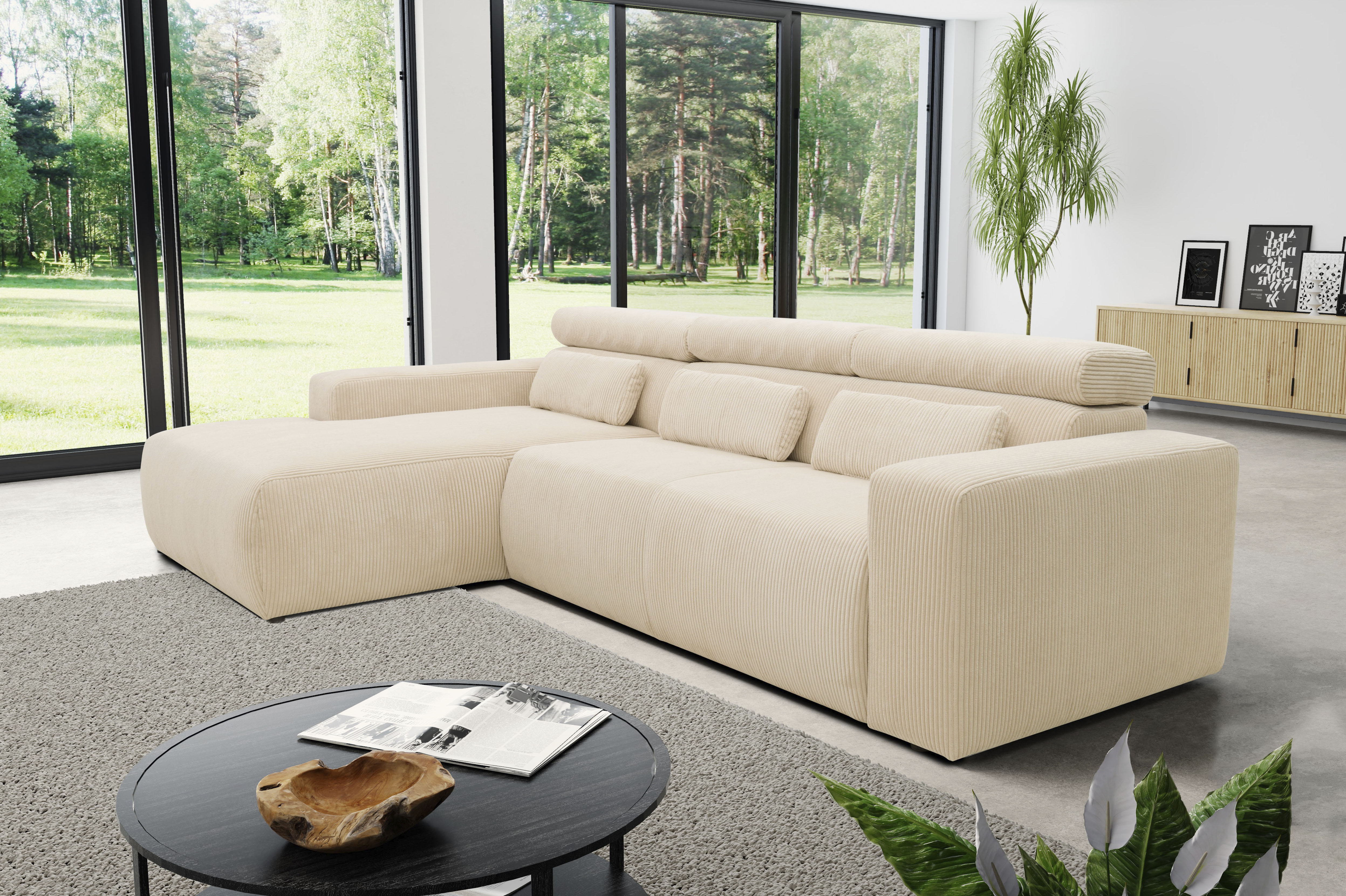 DOMO collection Ecksofa "BRANDON 289x177 cm, belastbar bis 140 kg/Sitz, L-Form" mit Sitztiefenverstellung, Cord, creme
