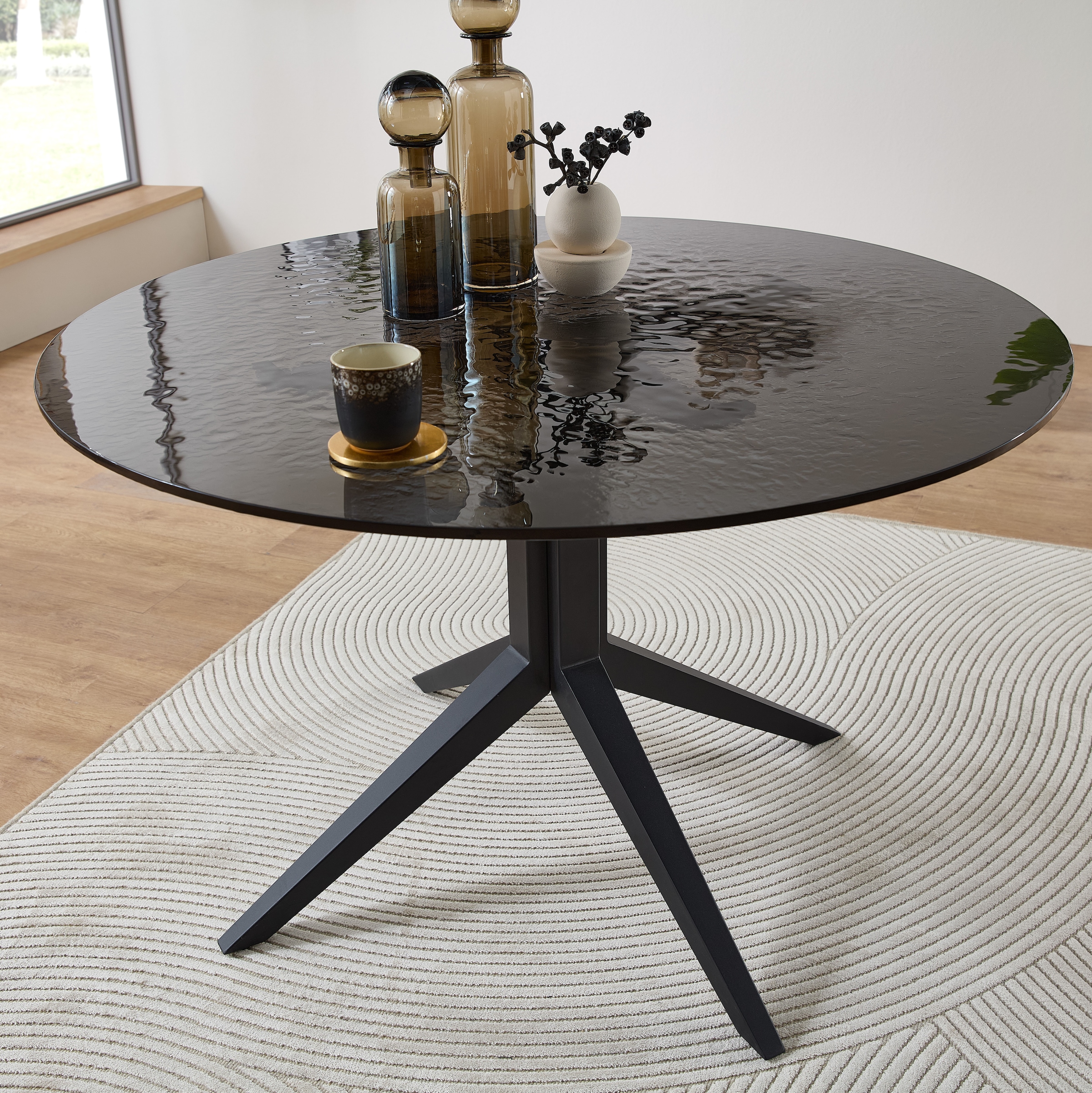 Stolkom Esstisch »Leano Glastisch rund schwarz, Esszimmertisch BxH 110x76 cm«, Sicherheitsglas Bruchsicher, Water Ripple Effekt schwarz getönt