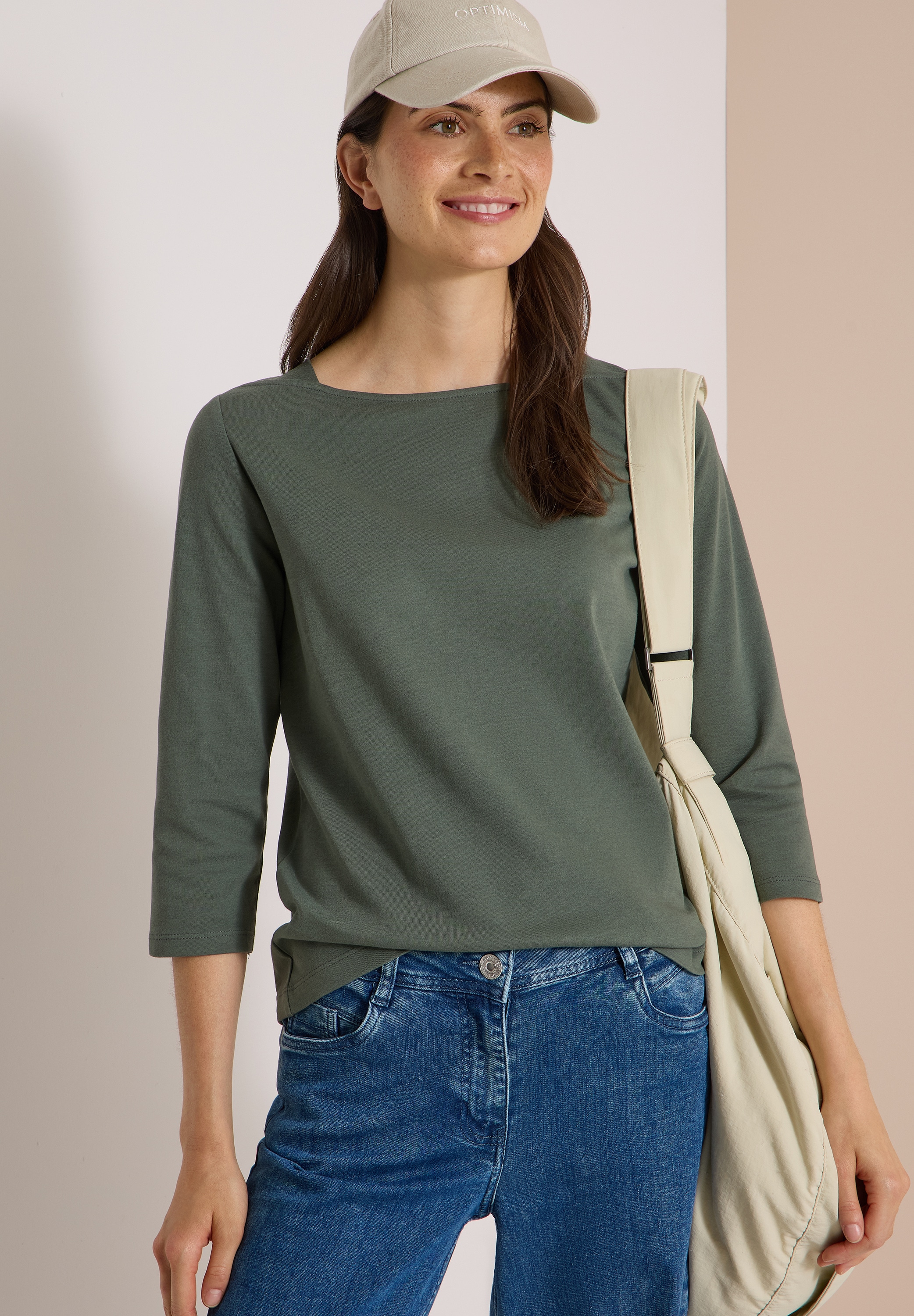Cecil 3/4-Arm-Shirt U-Boot-Ausschnitt, unifarben, Baumwolle