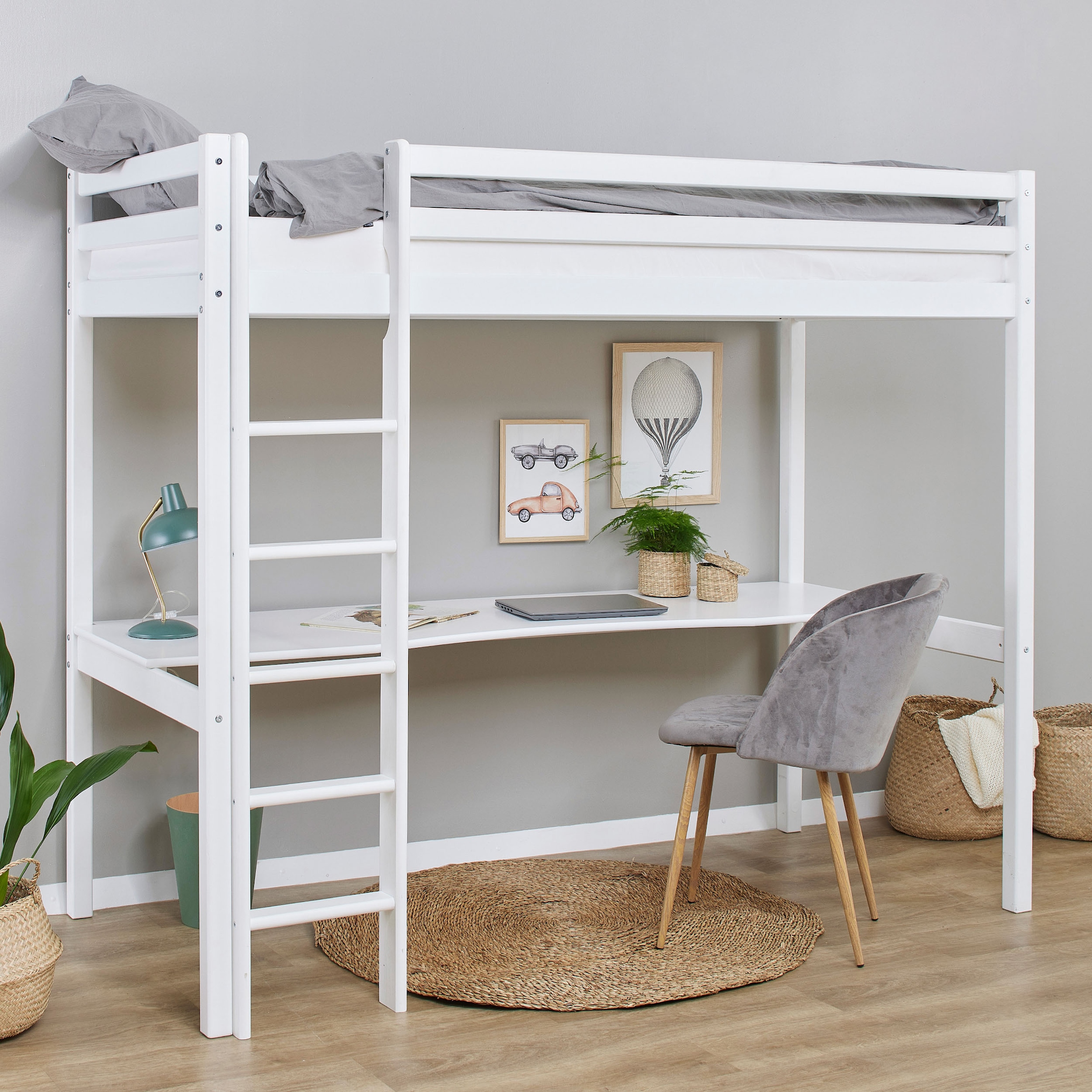 Hoppekids Hochbett "Hochbett 90x200cm mit Schreibtisch, umbaubar zu Einzelbett" FSC zert. Massivholz, Hochbett ohne Schreibtisch nutzbar