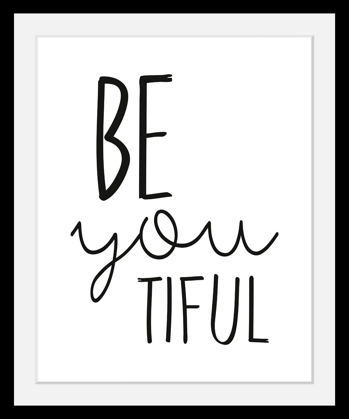 queence Bild "Spruch" Motivationsbilder Schriftzug Schwarz-Weiß Smileys HD Premium Poster-Druck inkl. Holzrahmen