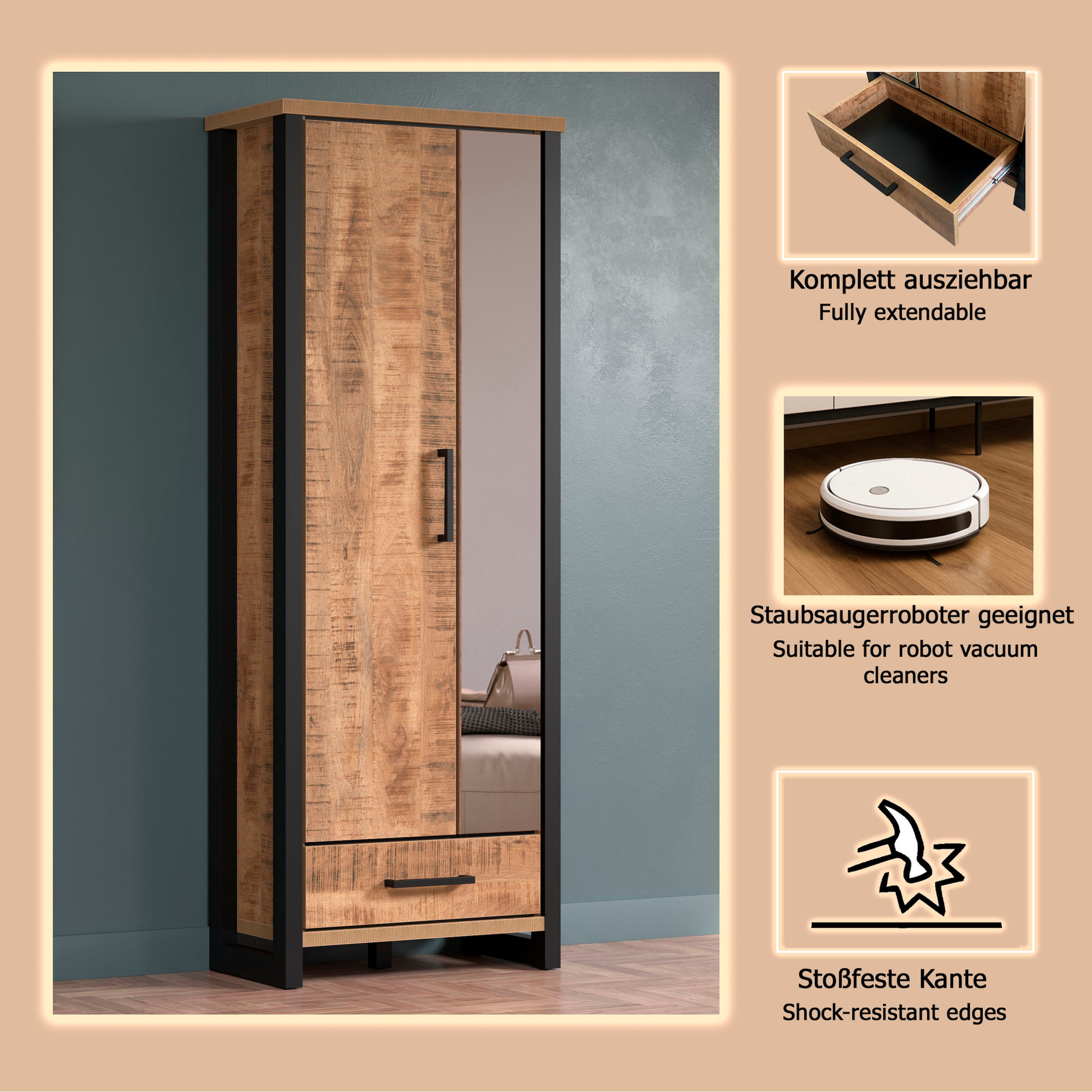 Home affaire Garderobenschrank »Elda« 1 Stk. tlg. Schrank mit ausziehbarer Kleiderstange, 2 Türen – (B/T/H) 73/39/195 cm