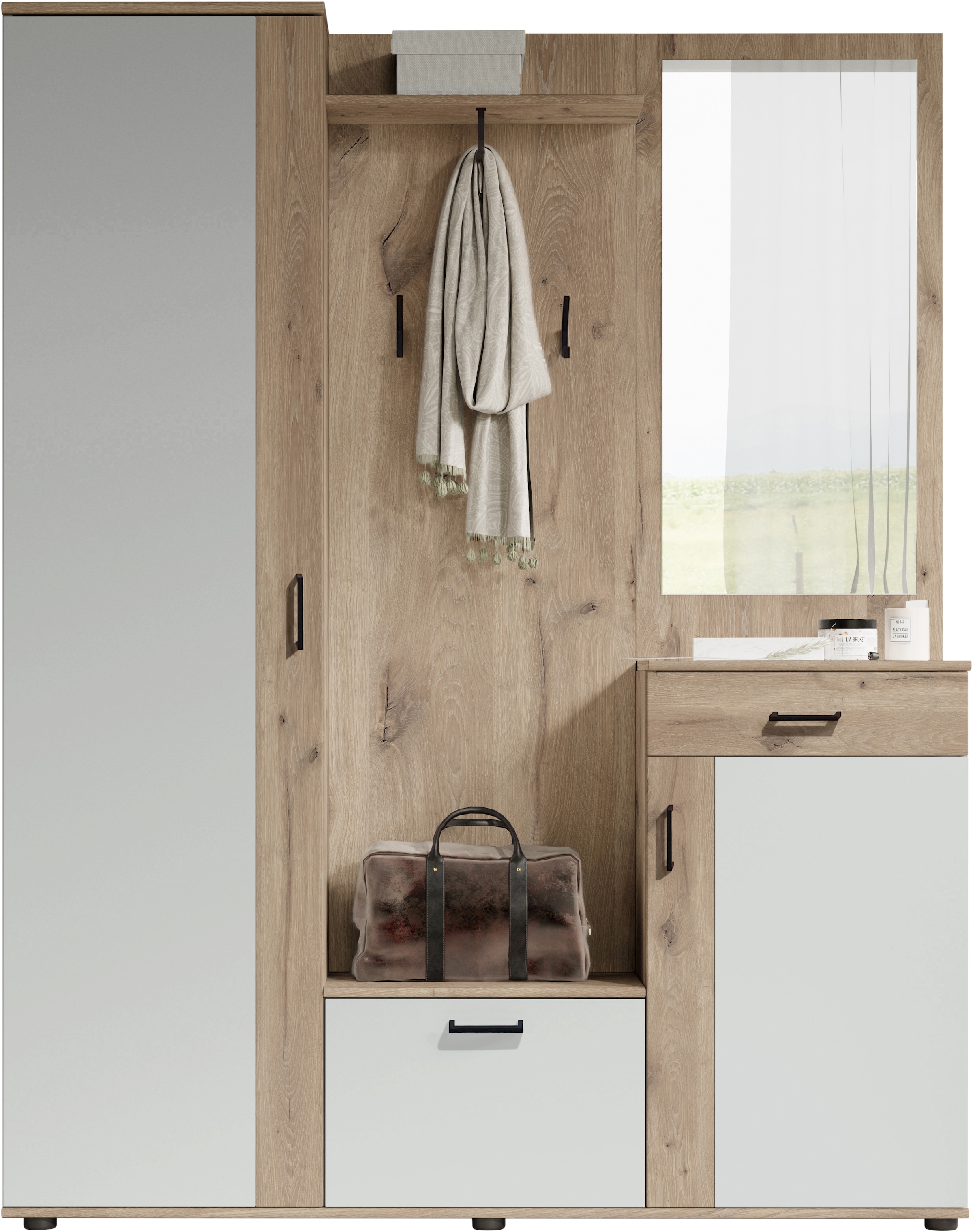 HBZ Kompaktgarderobe "Jens mit Spiegel, Flurgarderobe BxHxT 145x184x29 cm", (1 St.), Mit Hochschrank, Bank, Paneel und K