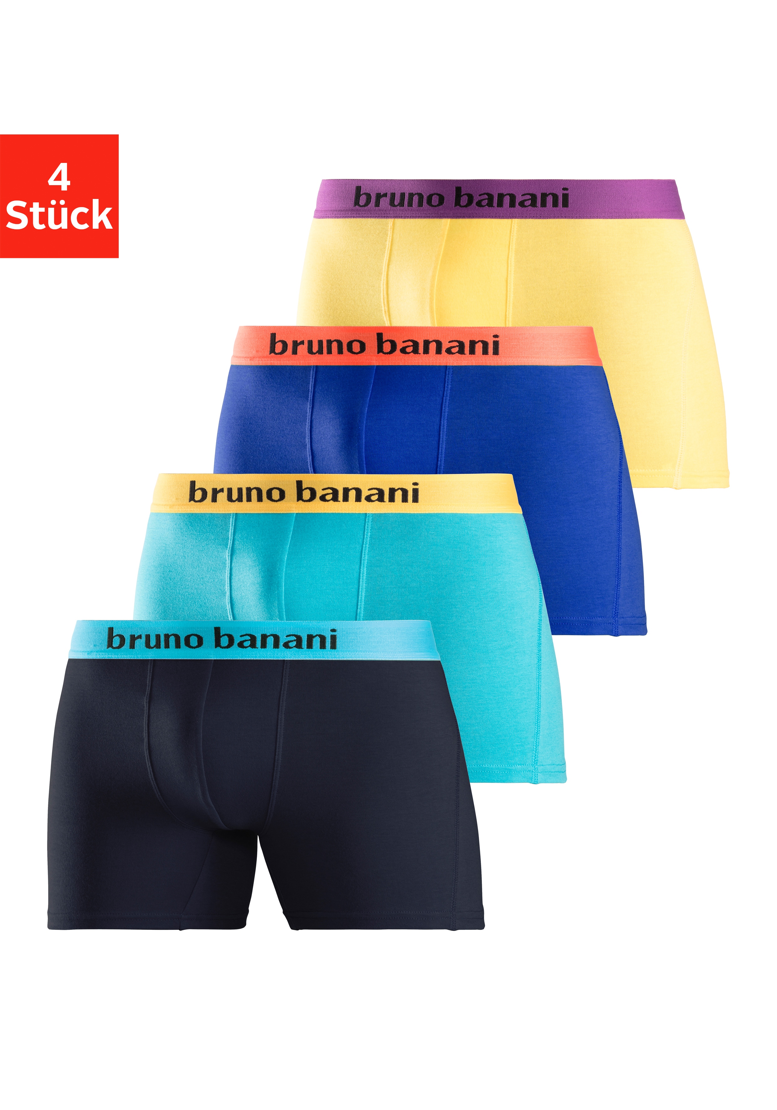 Bruno Banani Boxer "Boxershorts für Herren" Packung, 4 Stk. mit längerem Bein und auffälligen Logobund