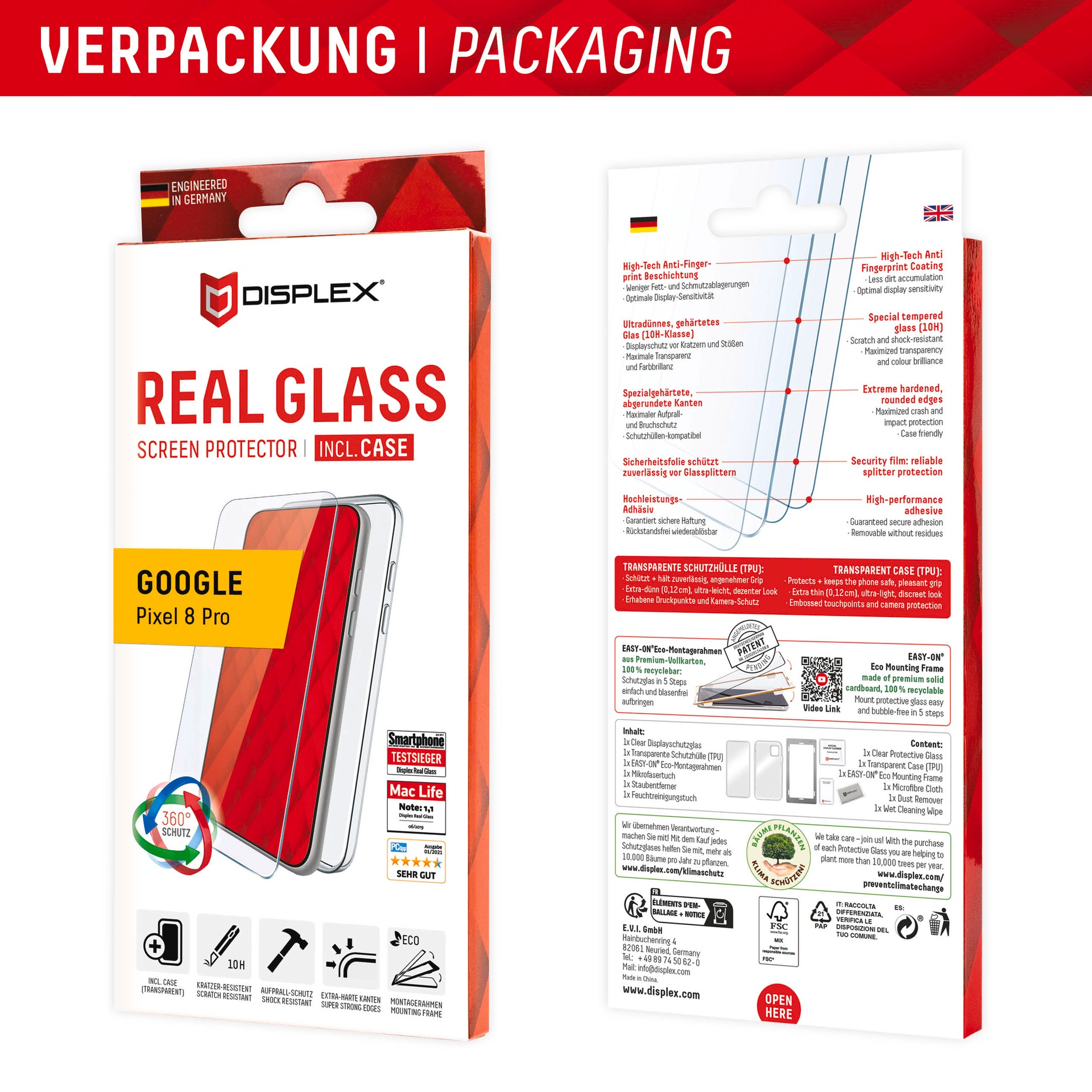Displex Displayschutzglas »Real Glass + Case Set«, für Google Pixel 8 Pro, Displayschutzfolie Displayschutz Rundumschutz 360 Grad splitterfest