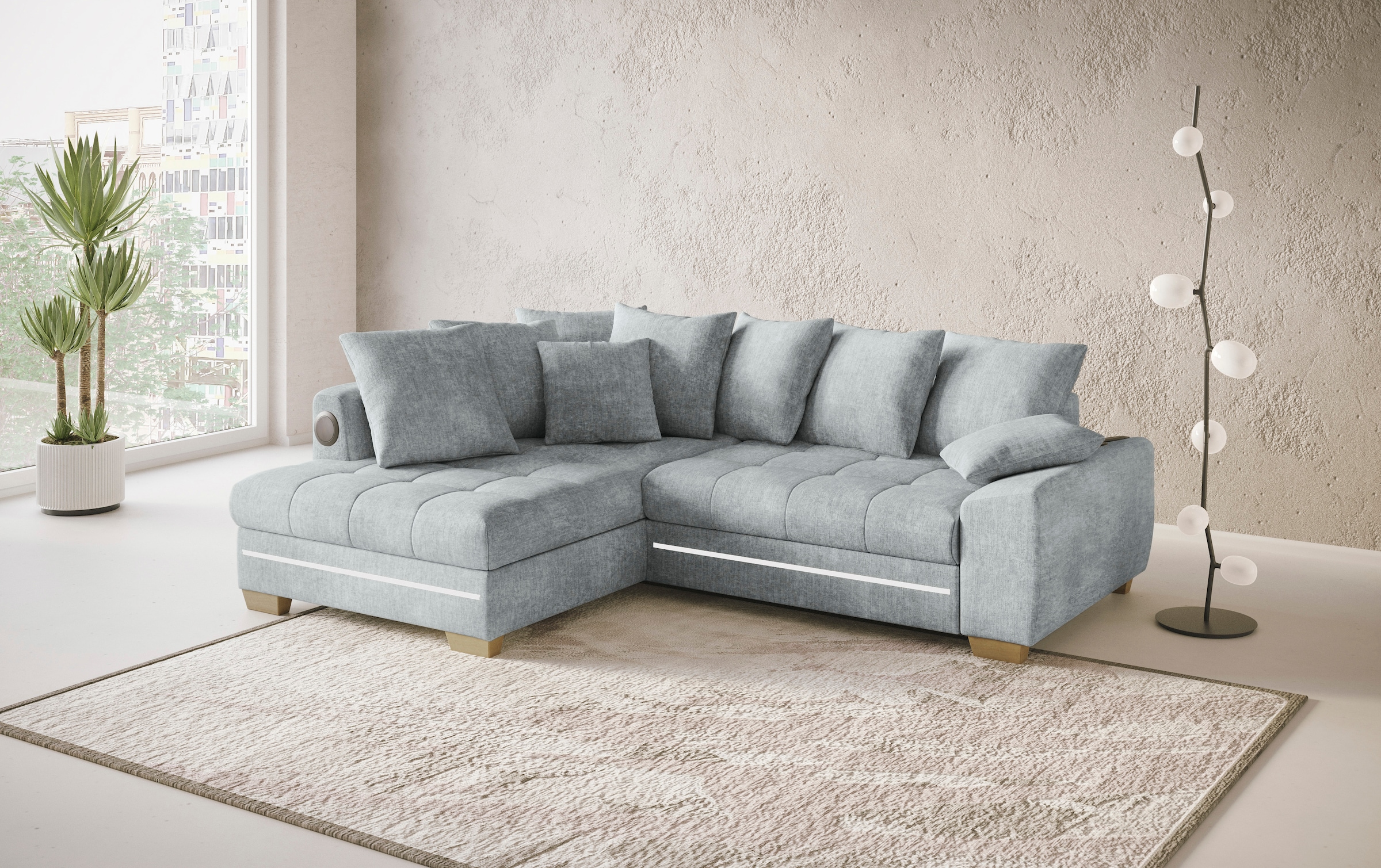 Mr. Couch Ecksofa »Nikita II, L-Form«, RGB-LED, Bluetooth-Soundsystem, wahlweise mit Bett, Bettkasten
