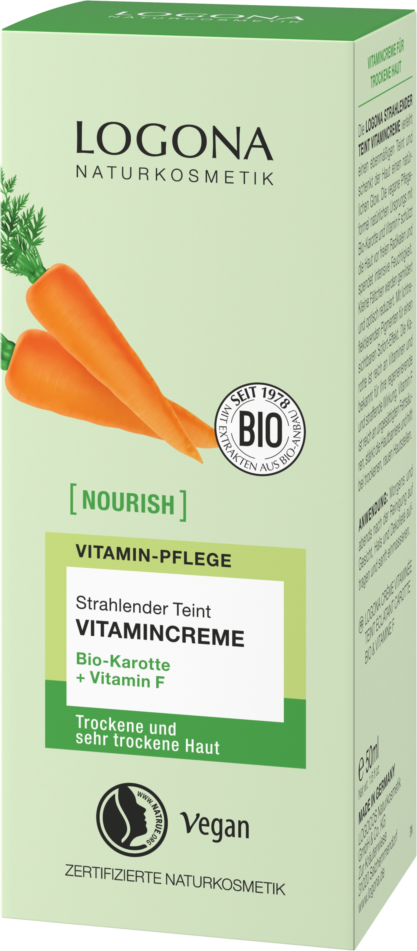 LOGONA Gesichtspflege »NOURISH strahlender Teint Vitamincreme mit Bio-Karotte + Vitamin F« Gesichtspflege, für sehr trockene Haut und trockene Haut, vegan