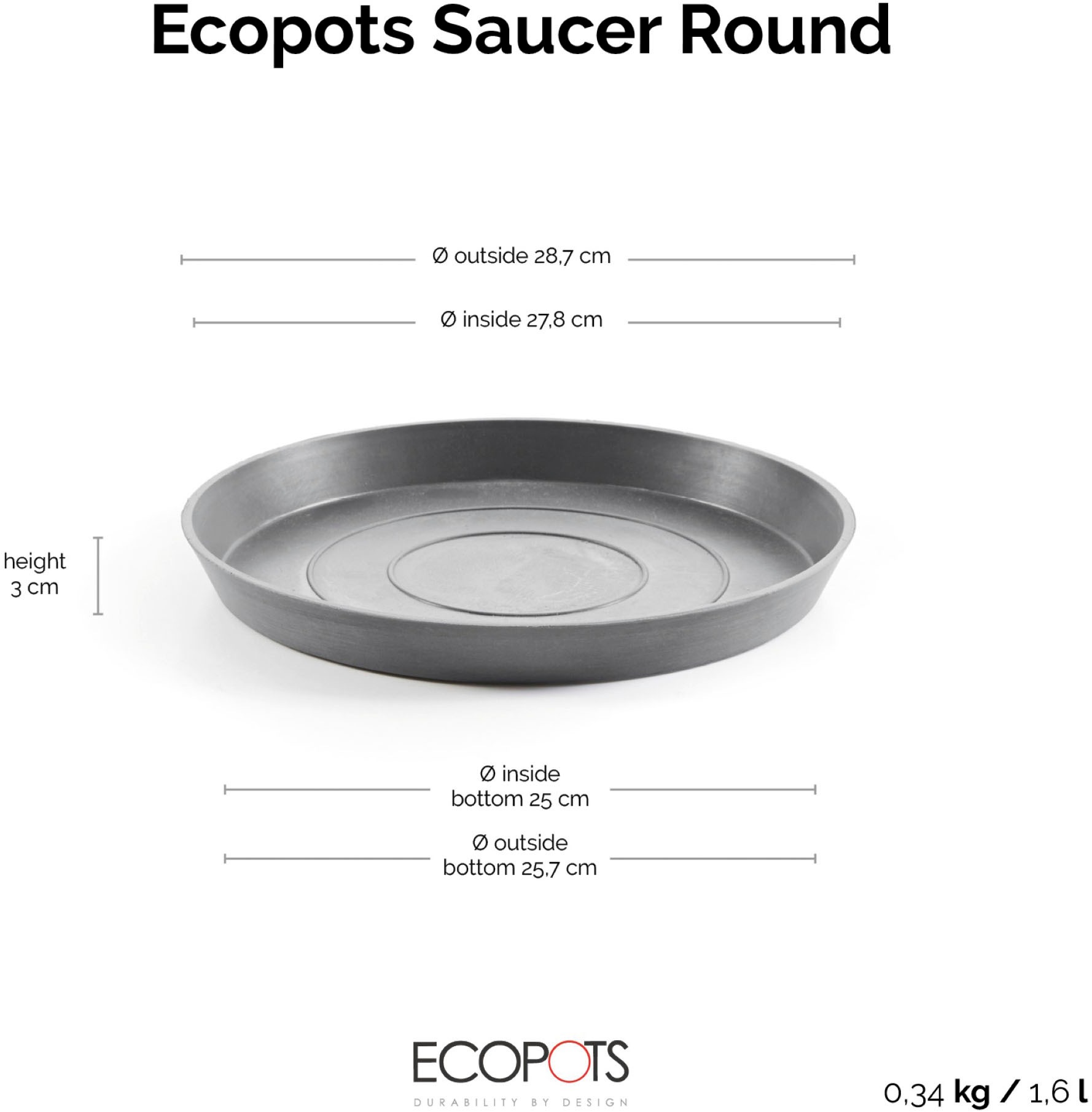 ECOPOTS Blumentopfuntersetzer »ROUND SAUCER Grey« BxTxH: 28,7x28,7x3 cm