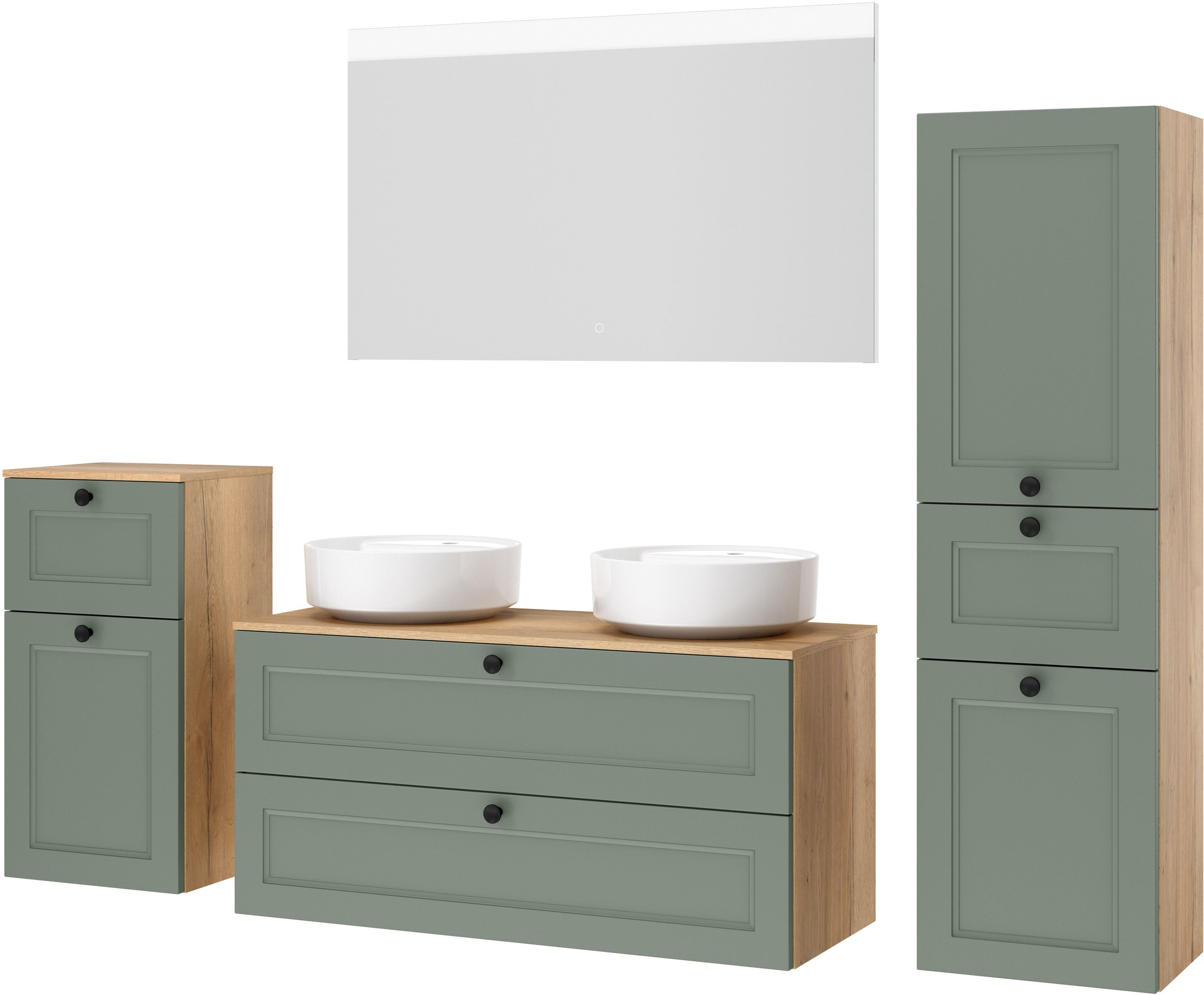 nobilia® Badmöbel-Set »Cascada« Set, inkl.  2 Aufsatzwaschbecken und beleuchtetem  Spiegel mit Touch-Sensor, 6 Stk. tlg.