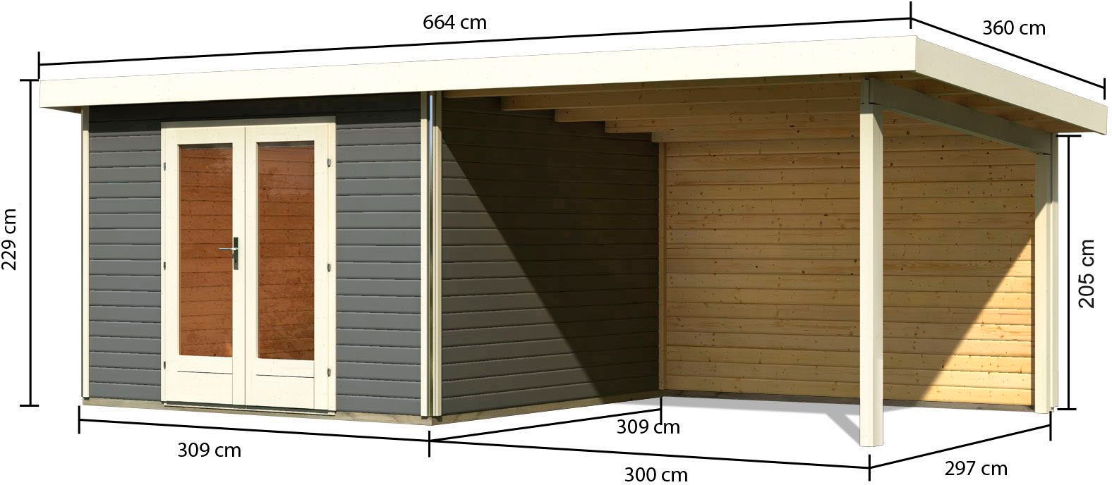 KONIFERA Gartenhaus »Rabensee 1«, mit Anbaudach 3,30 m, Rückwand, terragrau