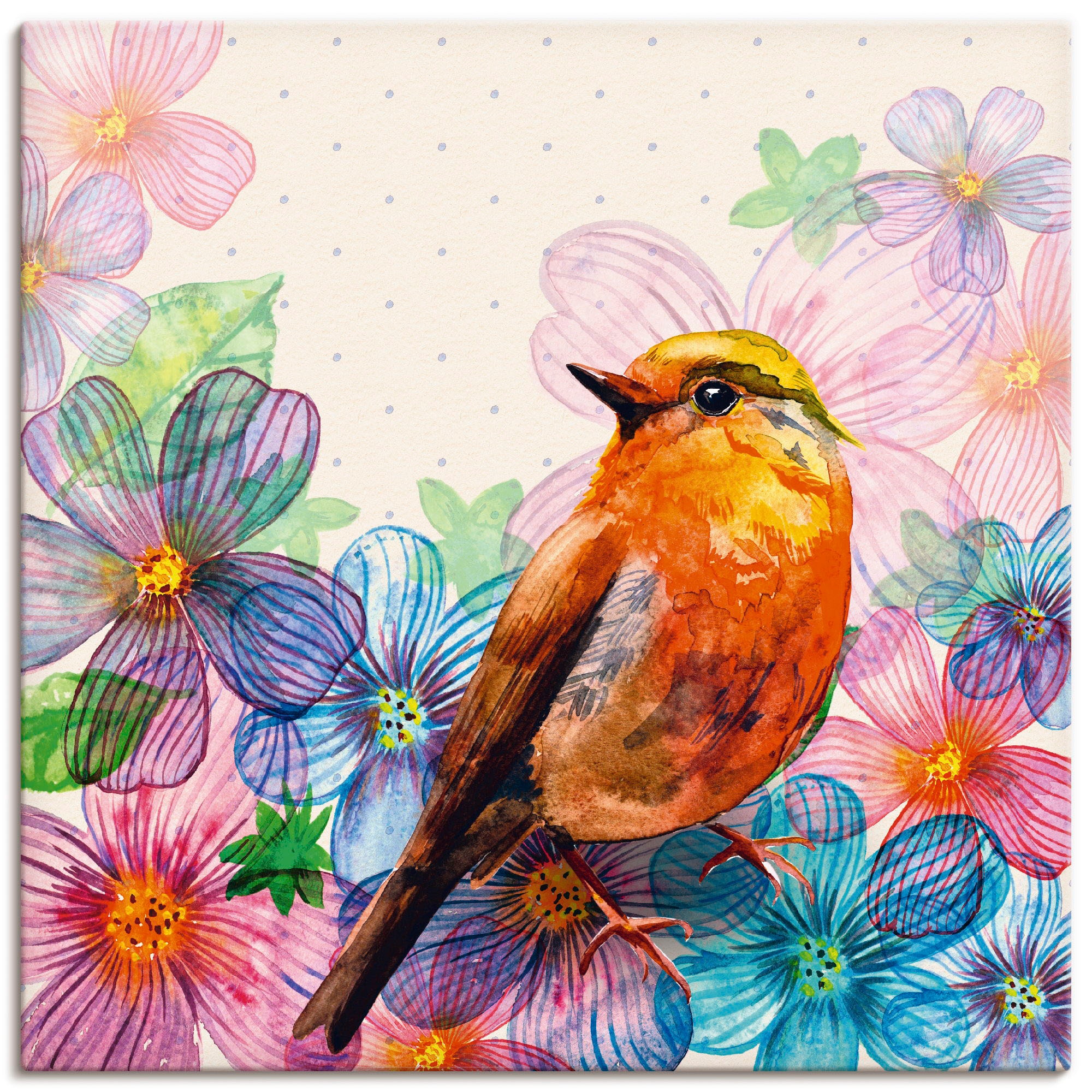 Artland Leinwandbild "Florale Karte im Retro Design", Vögel, (1 St.), auf Keilrahmen gespannt
