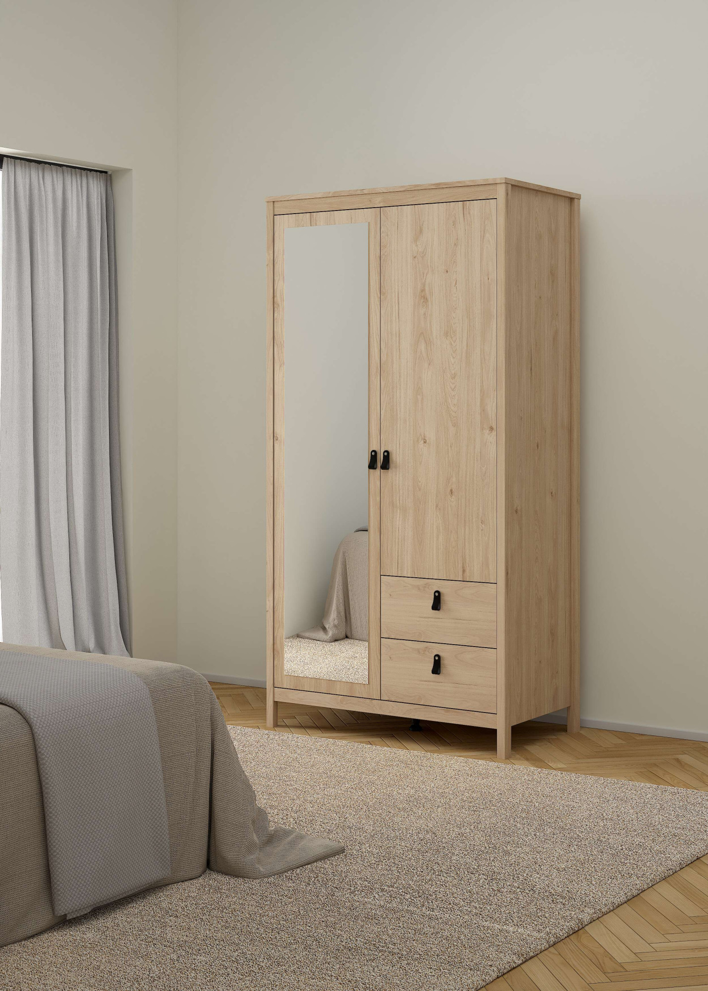 Home affaire Drehtürenschrank "Madrid, Schrank, Kleiderschrank" Skandinavisches Design, Wahlweise Leder- oder Metallgriffe, Spiegel