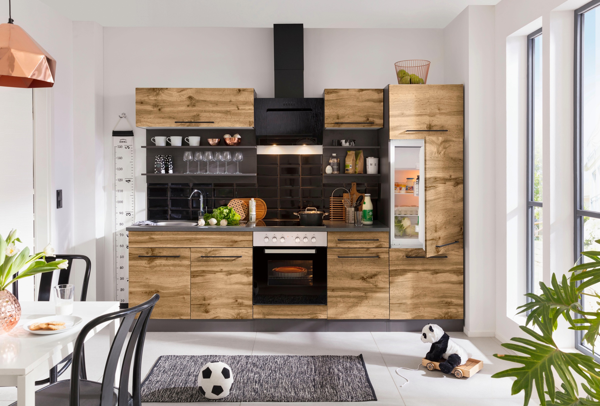 KOCHSTATION Küchenzeile »KS-Tulsa«, mit E-Geräten, Breite 270 cm, schwarze Metallgriffe, MDF Fronten