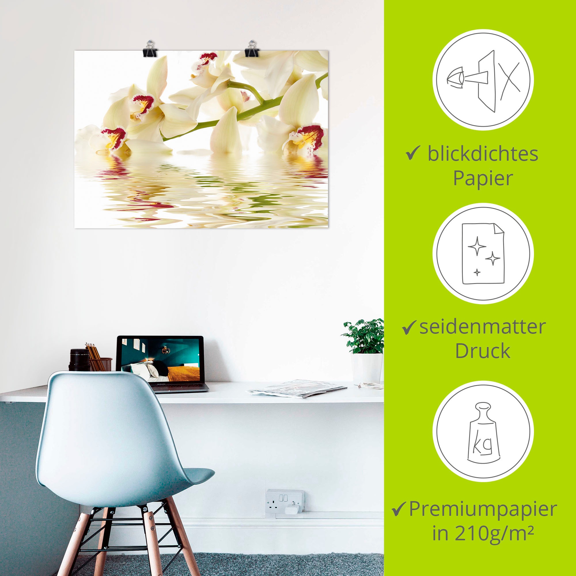 Artland Wandbild »Weiße Orchidee mit Wasserreflektion«, Blumen, (1 St.), als Leinwandbild, Poster in verschied. Größen